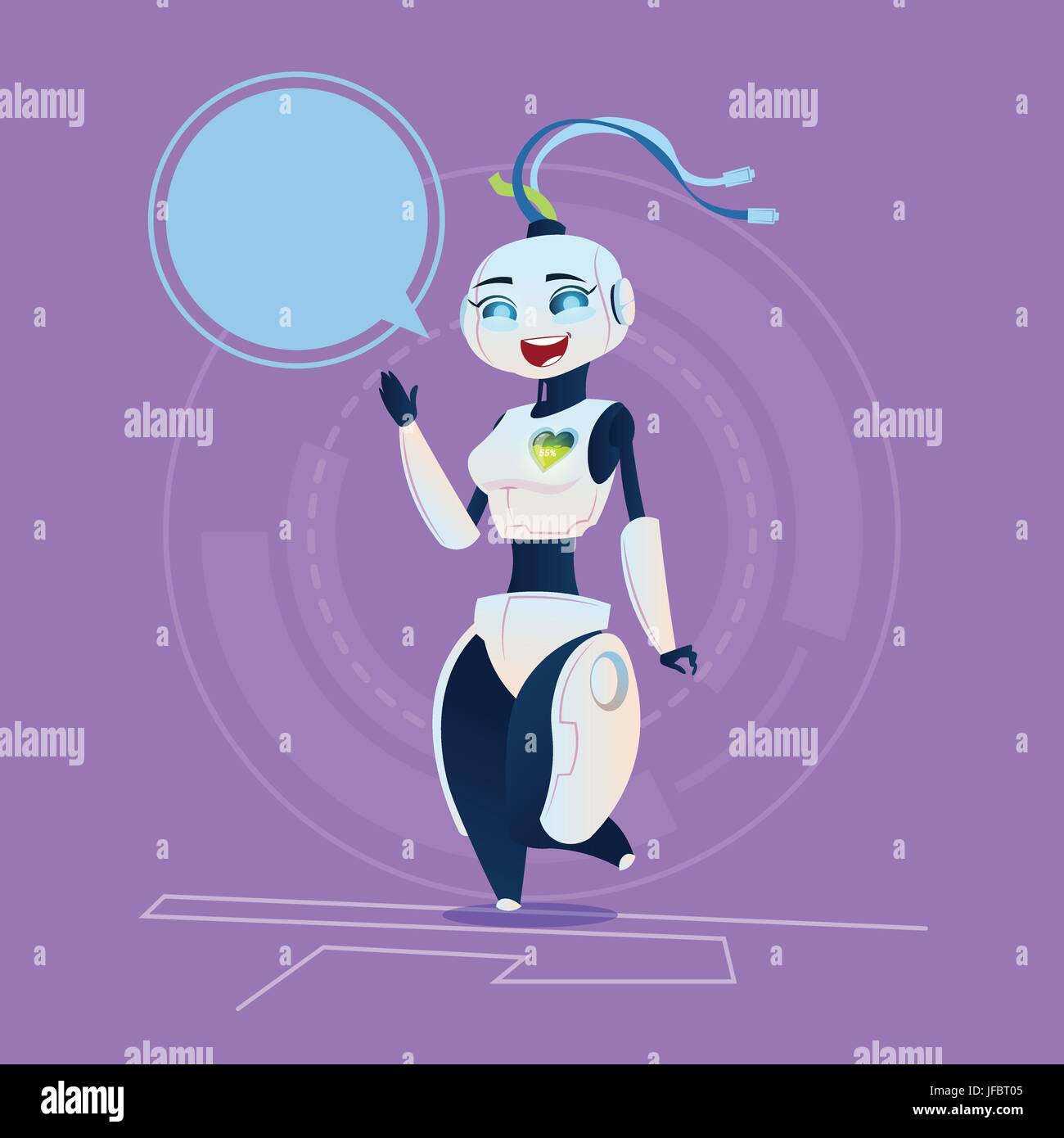 Niedliche weibliche Roboter mit Sprechblase glücklich lächelnd moderne künstliche-Intelligenz-Technologie-Konzept Stock Vektor
