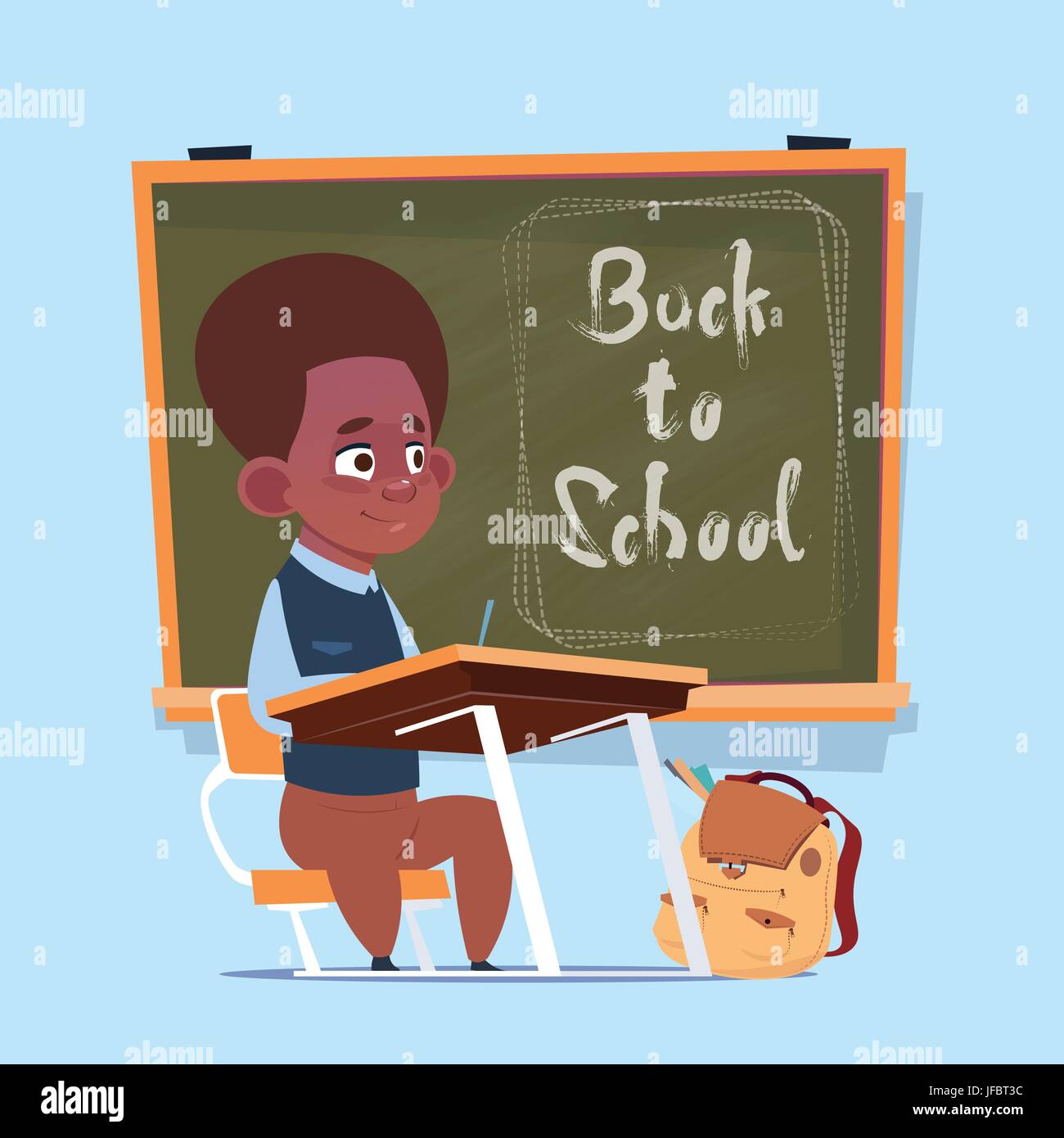 Kleine African American School Boy sitzen am Schreibtisch über Klasse Board Schuljunge Bildung Banner Stock Vektor