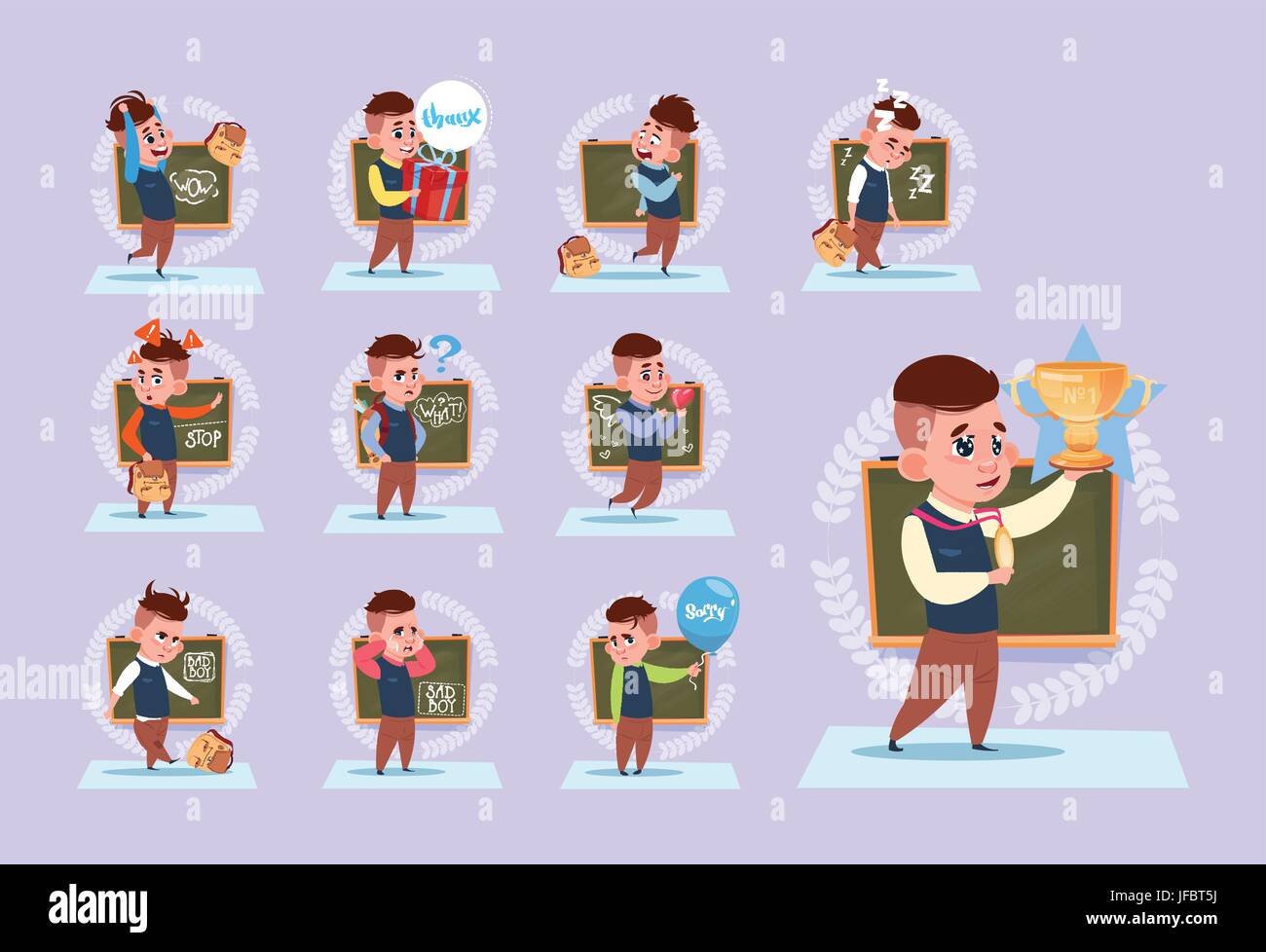 Kleine Schule junge stehend über Board Schuljunge Emotion Klassensatz Stock Vektor