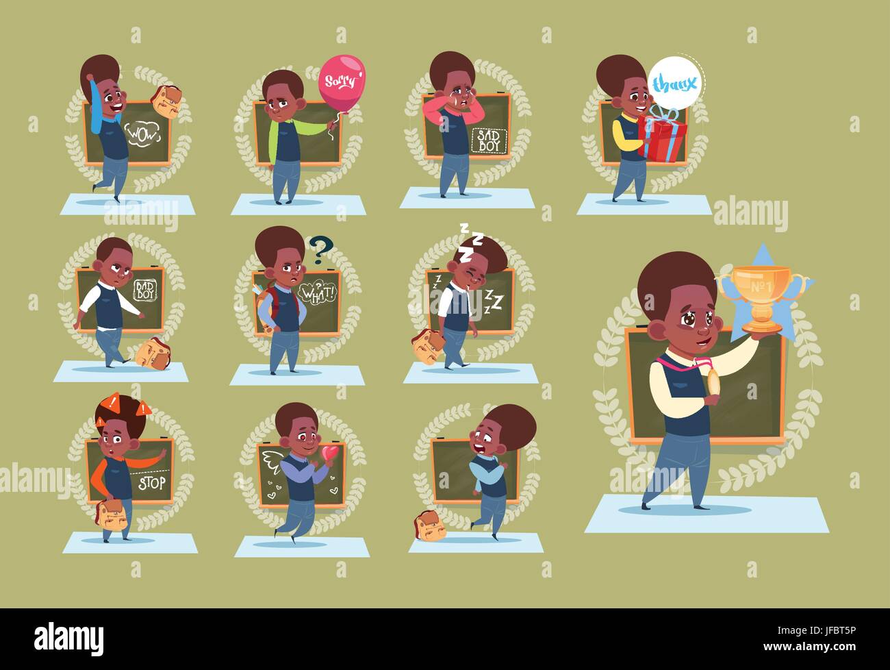 Kleine African American School Boy über Board Schuljunge Emotion Klassensatz stehen Stock Vektor