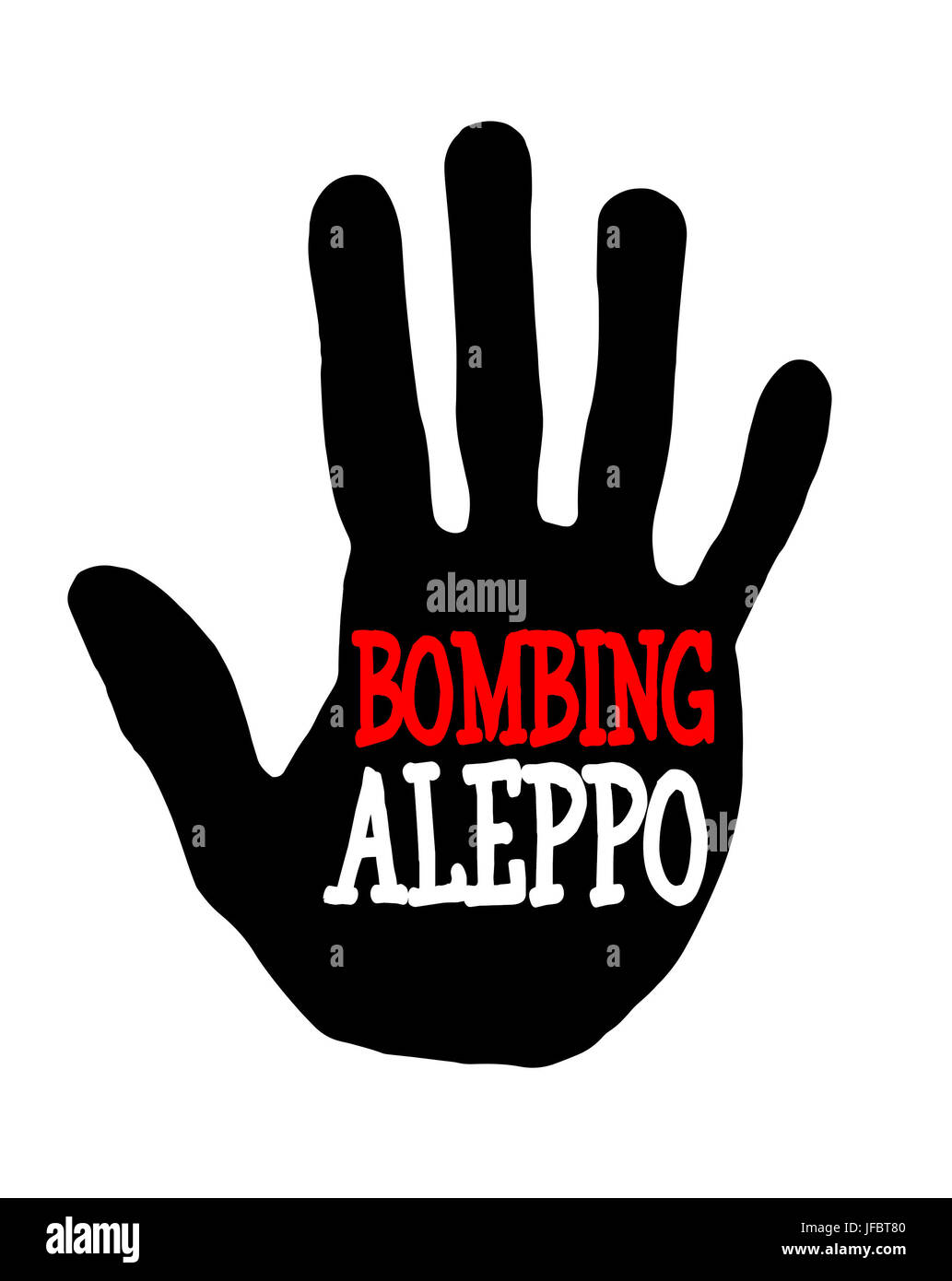 Mann Handabdruck isoliert auf weißem Hintergrund zeigt Stop bombing Aleppo Stockfoto
