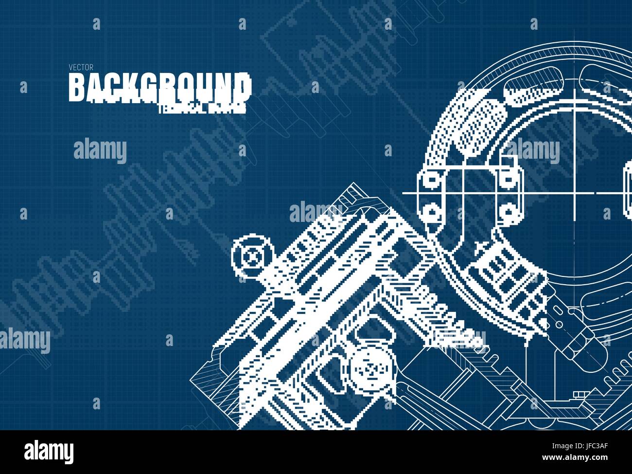 Vorlage des blauen Hintergrunds mit Millimeterpapier und Zeichnungen von Bauteilen und Mechanismen. Vektor-illustration Stock Vektor