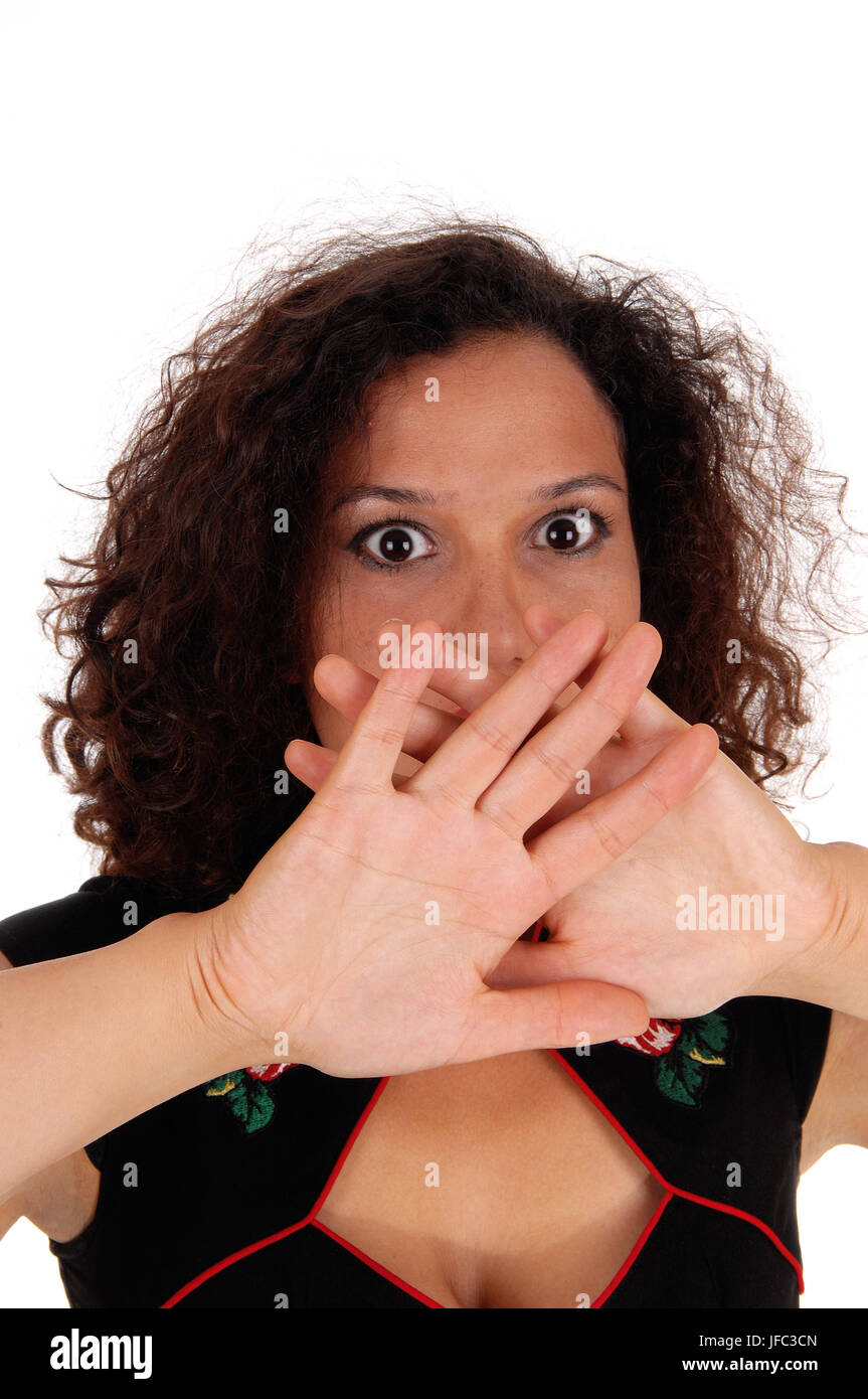 Schockiert Frau mit der Hand über den Mund. Stockfoto