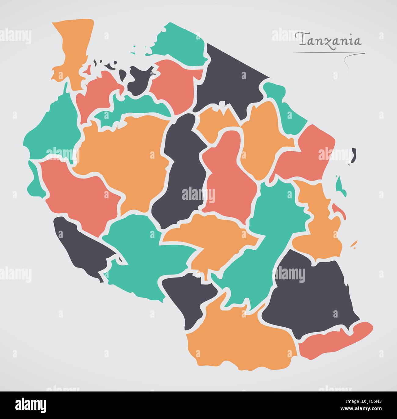 Tansania-Karte mit Staaten und moderne Runde Formen Stock Vektor