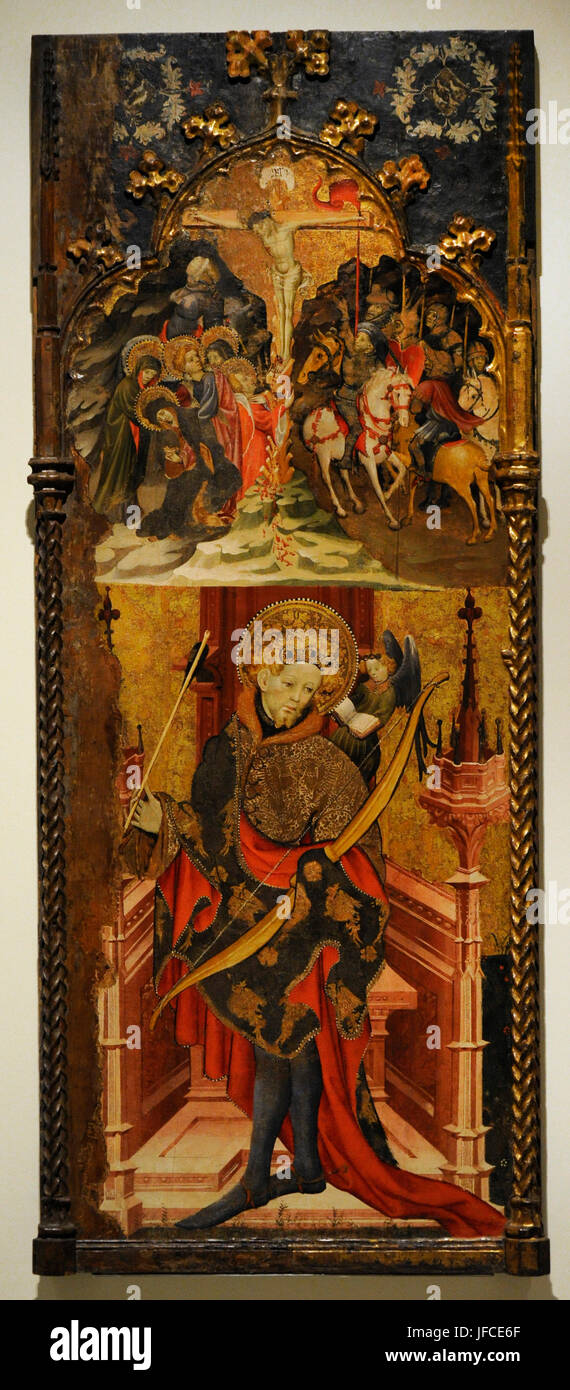 Joan Mates (ca.1370-1431). Spanische Malerei. Kalvarienberg und St. Sebastian, 1417-1425. Mitteltafel des Altars von Sankt Sebastian. Von der Mensa-Kapelle des Pia Almoina, Barcelona. Nationalen Kunstmuseum von Katalonien. Barcelona. Katalonien. Spanien. Stockfoto