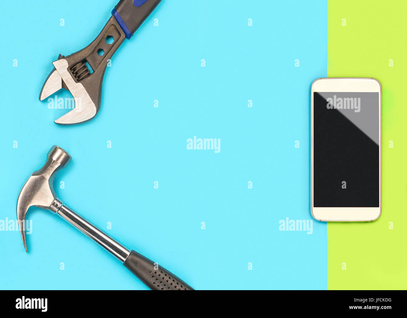 Smartphone Reparatur Hintergrundvorlage mit viel leere Freiexemplar Platz für Text und Inhalte für Handy, die Befestigung des Unternehmens Angebot oder Verkauf Ad. Stockfoto