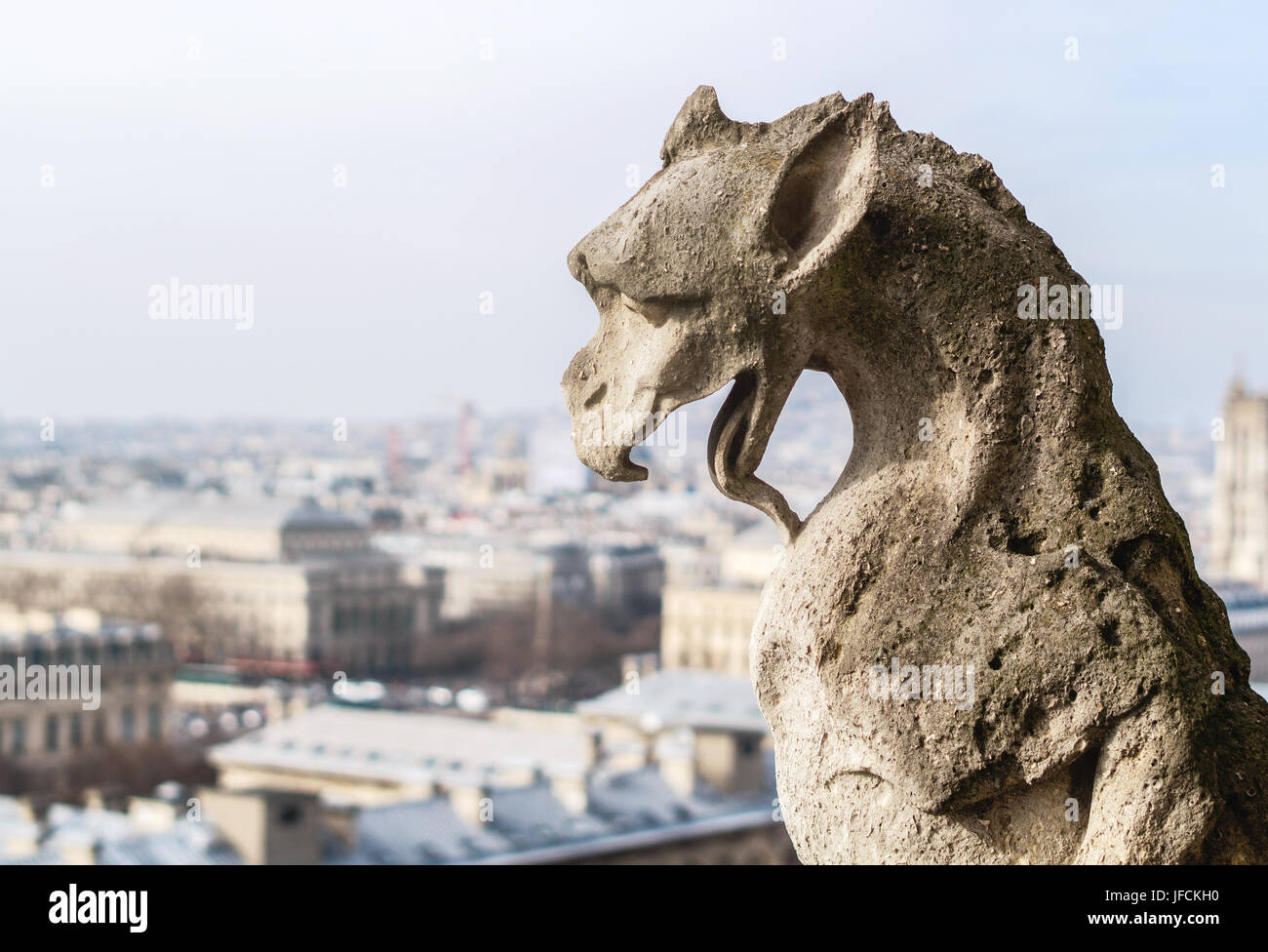 Nahaufnahme einer Chimäre Steinskulptur an der Oberseite der Cathedrale Notre-Dame. Historische Statue und wunderschönem Blick auf die Hauptstadt von Frankreich. Stockfoto