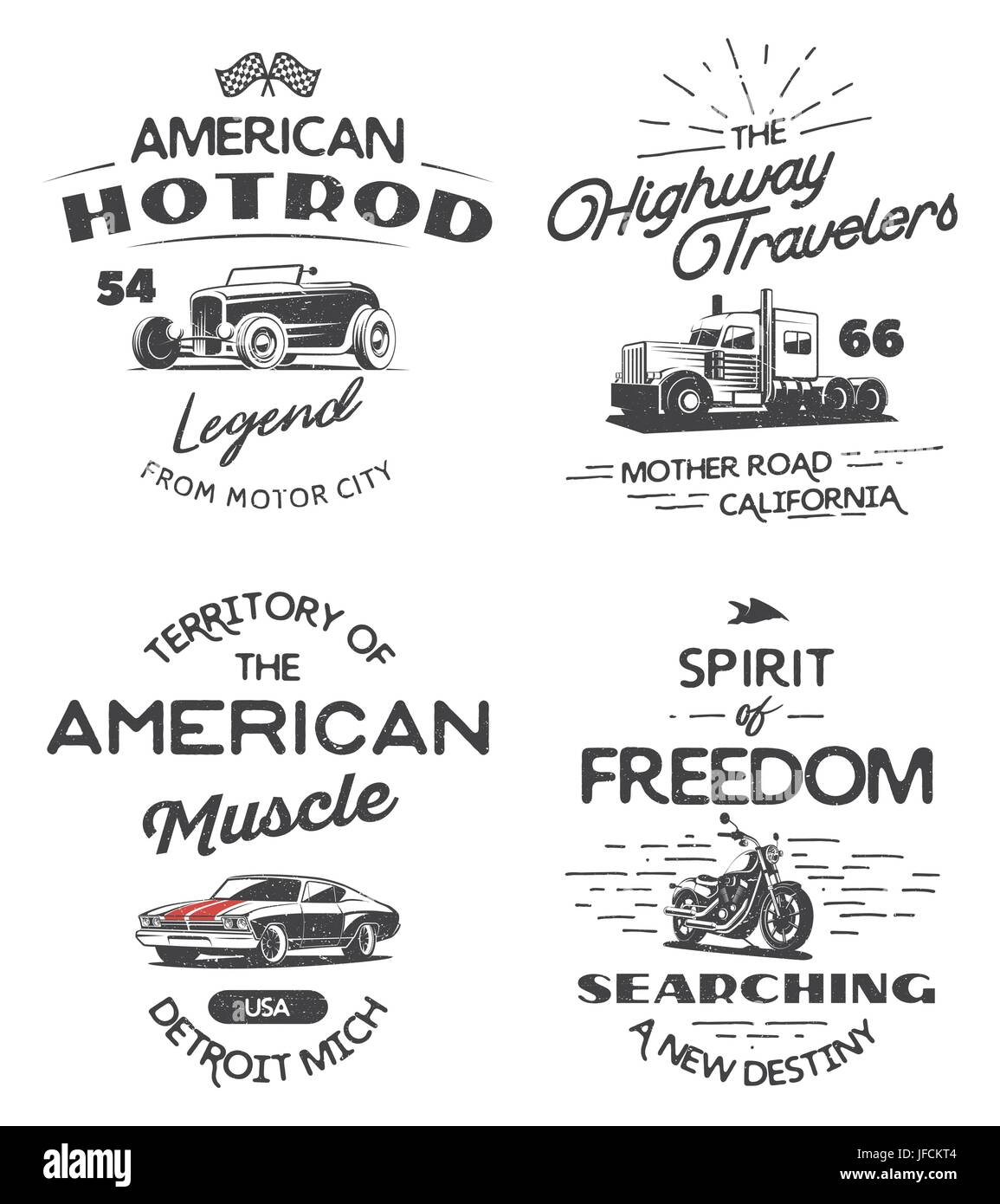 Satz von Typografie Logo der Muscle-Car, LKW, Motorrad und Hot Rod isoliert auf weißem Hintergrund. T-Shirt-print-Design. Stock Vektor