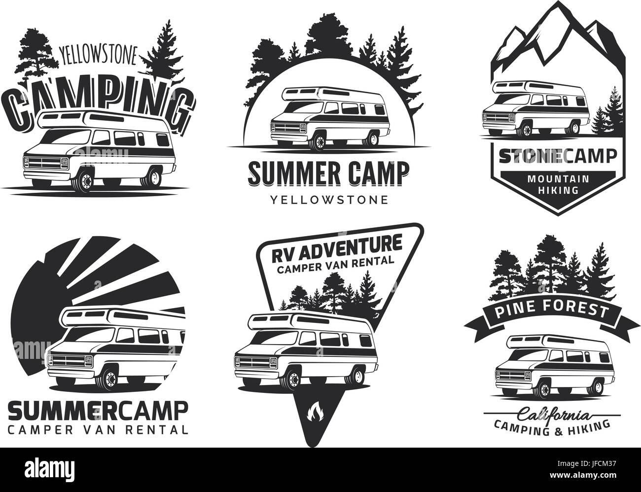 Satz von monochromen Camper van Auto Logos, Embleme und Abzeichen isoliert auf weißem Hintergrund. Wohnmobil und camping Design-Elemente. Stock Vektor
