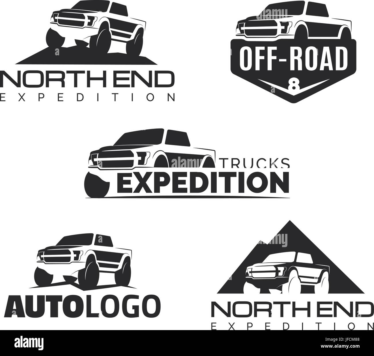 Satz von modernen Suv pickup Embleme, Symbole und Logos. Offroad-pickup Design-Elemente, 4 x 4 Fahrzeug Abbildung. SUV-Auto-Logo-Vorlage. Stock Vektor