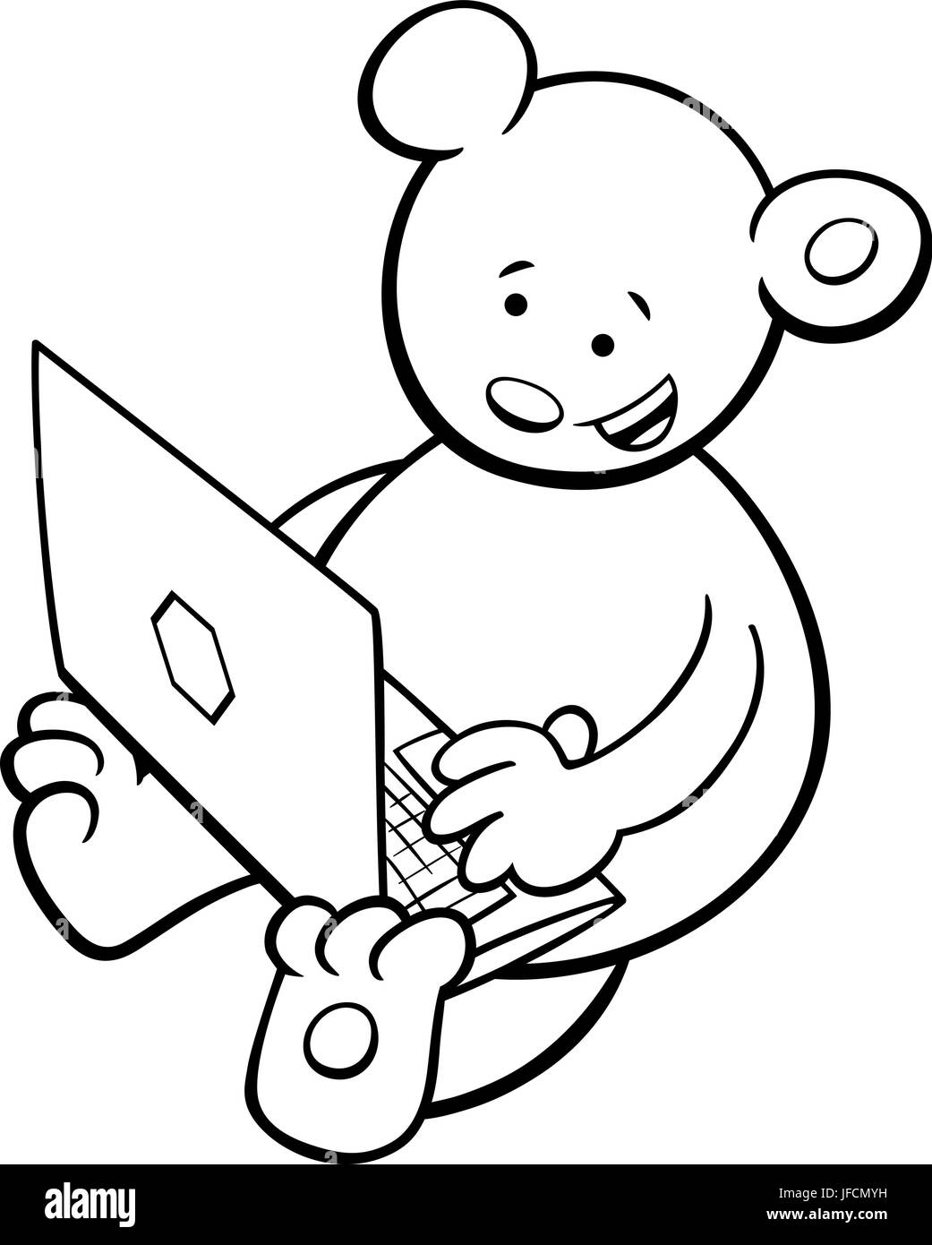 Schwarz / Weiß Cartoon Illustration der Bär Fantasy Tier Charakter mit Laptop oder Notebook Malbuch Stock Vektor