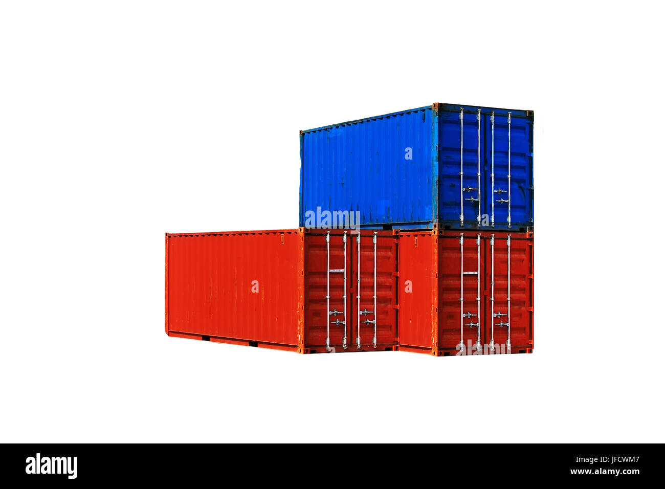 Drei verschiedenfarbige Sea Containers Stockfoto