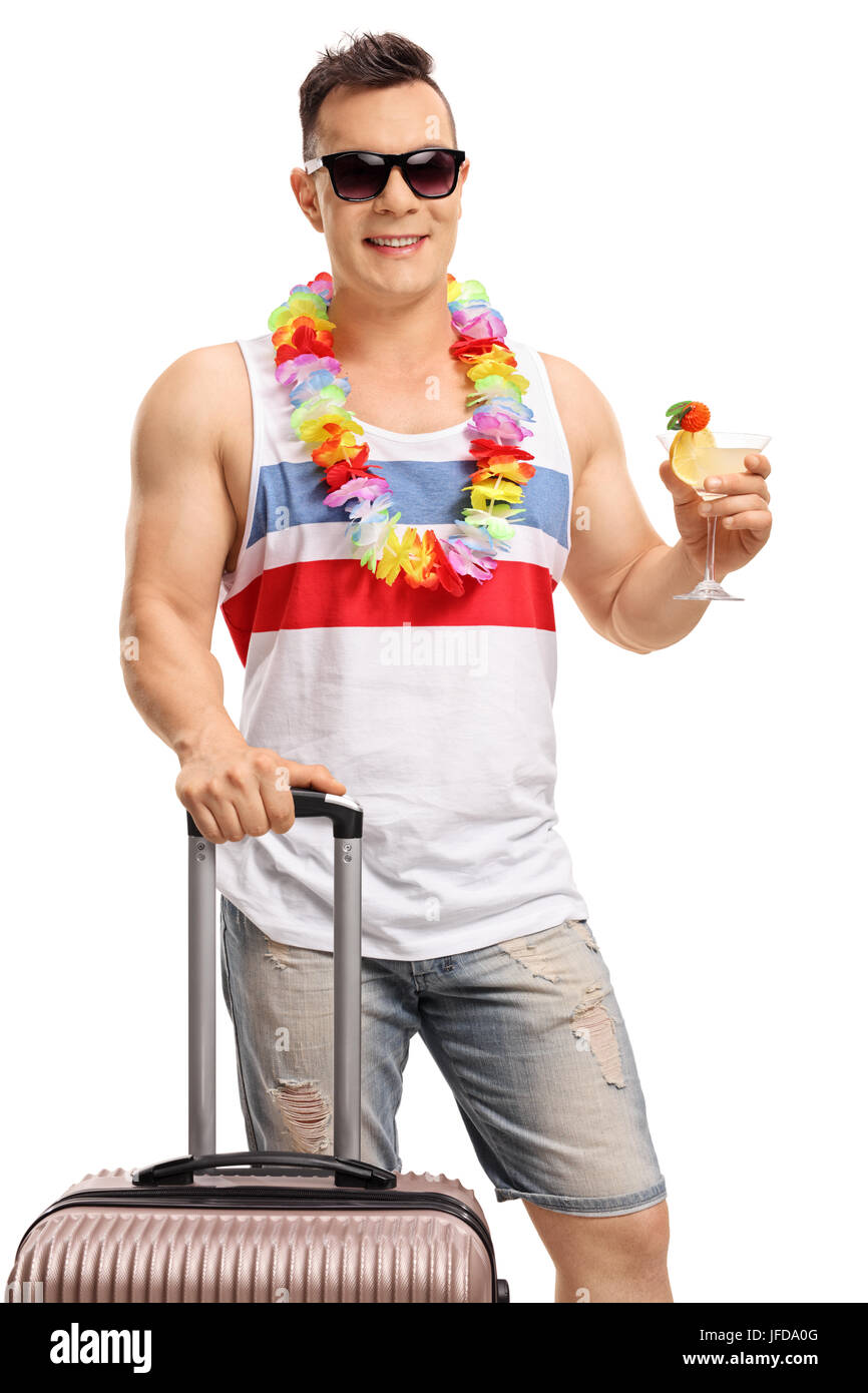 Touristen mit einem Koffer und einem Cocktail isoliert auf weißem Hintergrund Stockfoto