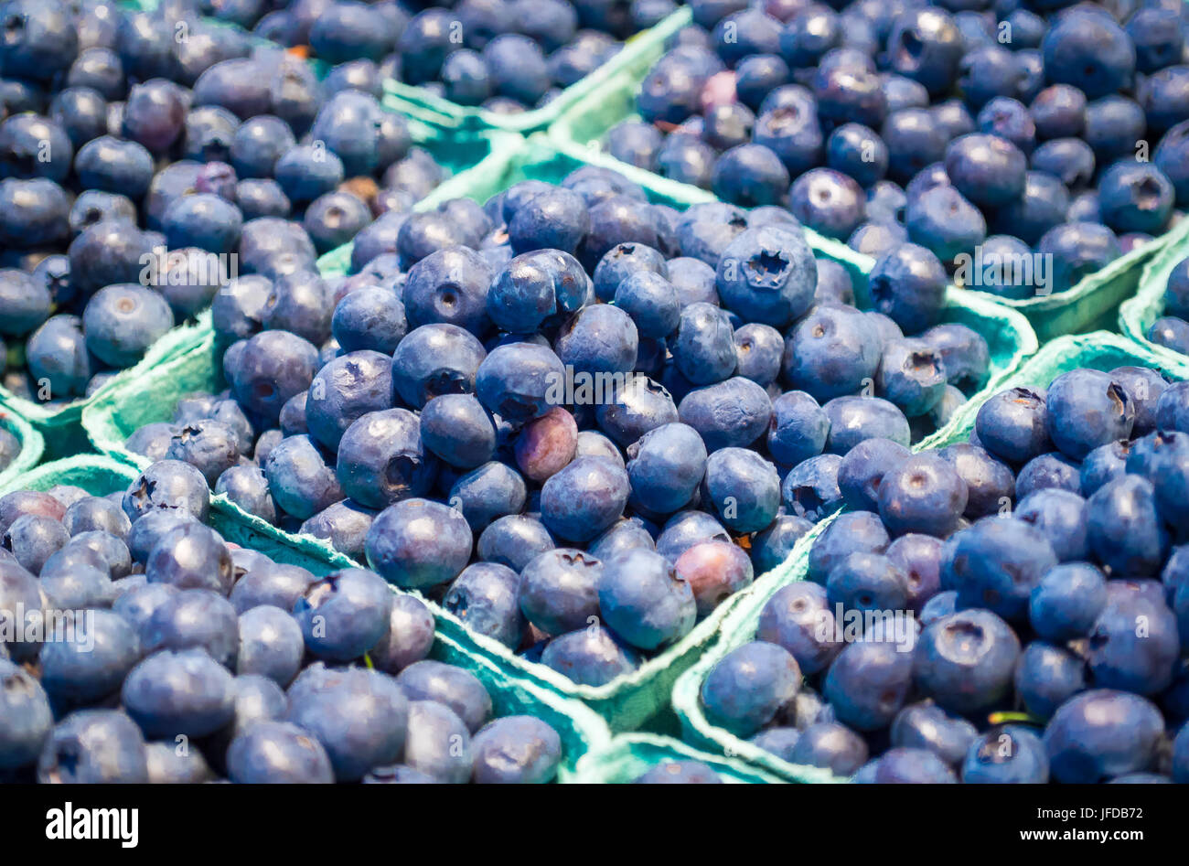 Bastkörbe Bio Heidelbeeren zum Verkauf an die Granville Island Public Market in Vancouver, British Columbia, Kanada. Stockfoto