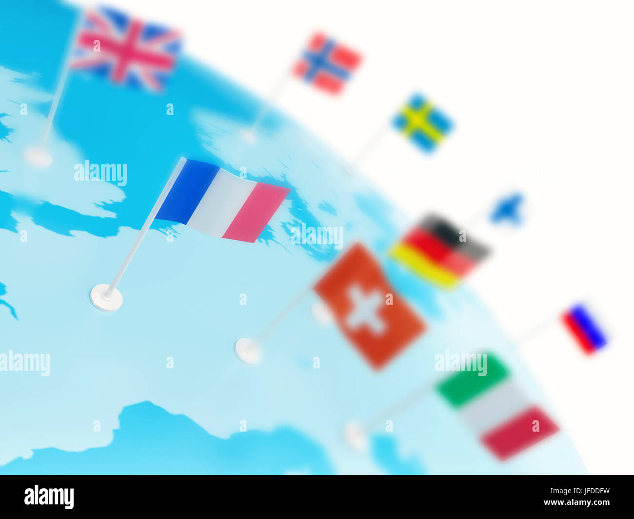 3D Illustration. Frankreich Flagge im Fokus. Europäischen Kontinent mit Länder-Fähnchen gekennzeichnet. Konzept der Europäischen Union. Isolierten weißen Hintergrund Stockfoto