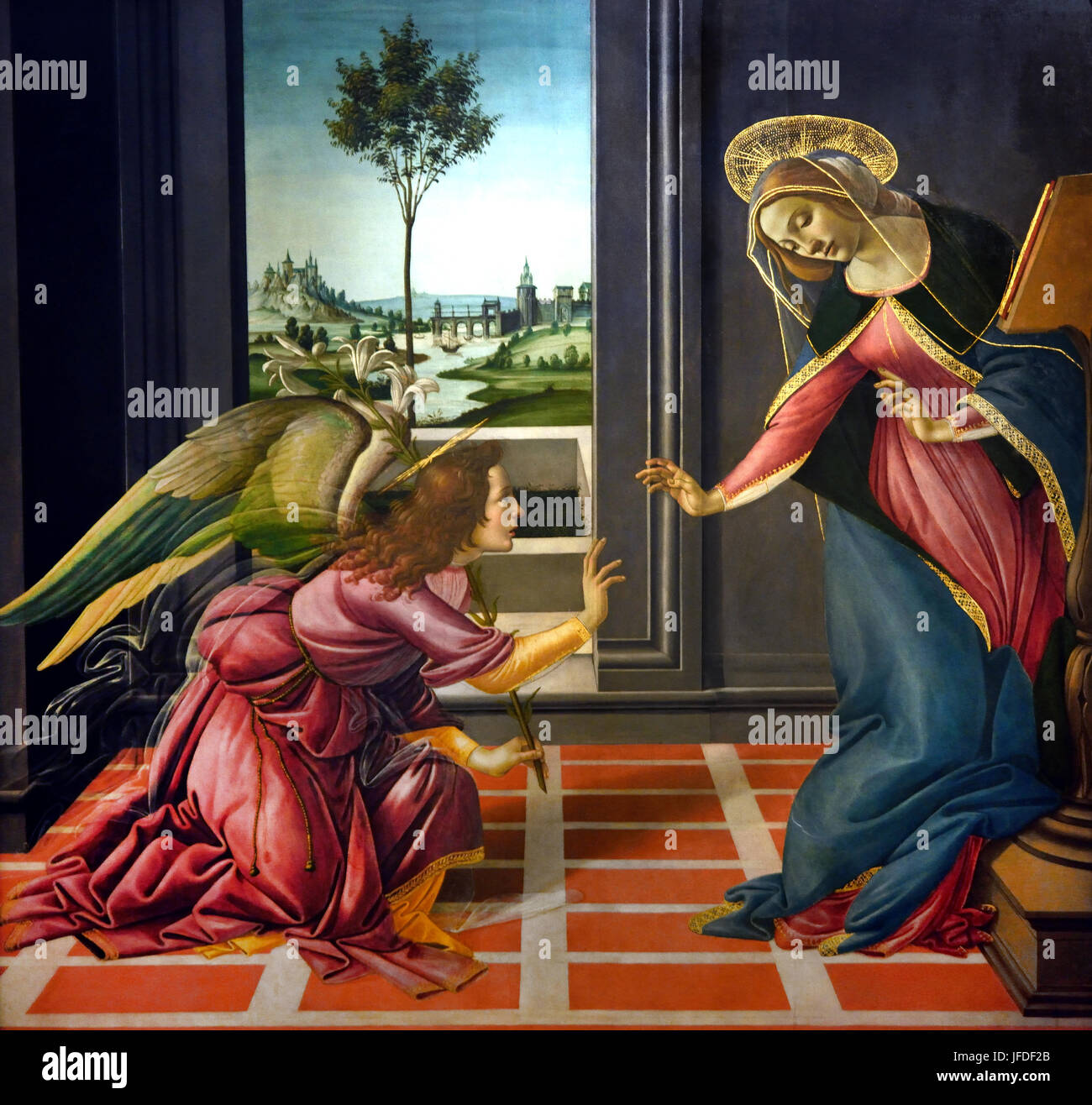 Die Verkündigung 1489 Sandro Botticelli ( Alessandro di Mariano Filippi ) 1445-1510 Florenz Italienischer Maler Florentiner Schule Frührenaissance. Verkündigung, selige, Jungfrau Maria, die Ankündigung durch den Engel Gabriel, Maria, dass sie schwanger werden würde, einen Sohn durch eine, jungfräuliche Geburt gebären, die, Mutter von Jesus Christus werden, Christlicher Messias und Sohn Gottes, Menschwerdung, Stockfoto