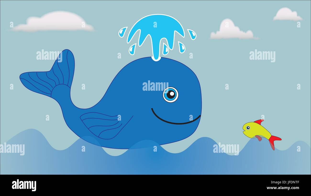 Ein großer blauer Wal und ein kleiner Fisch im Meer schwimmen. Stock Vektor