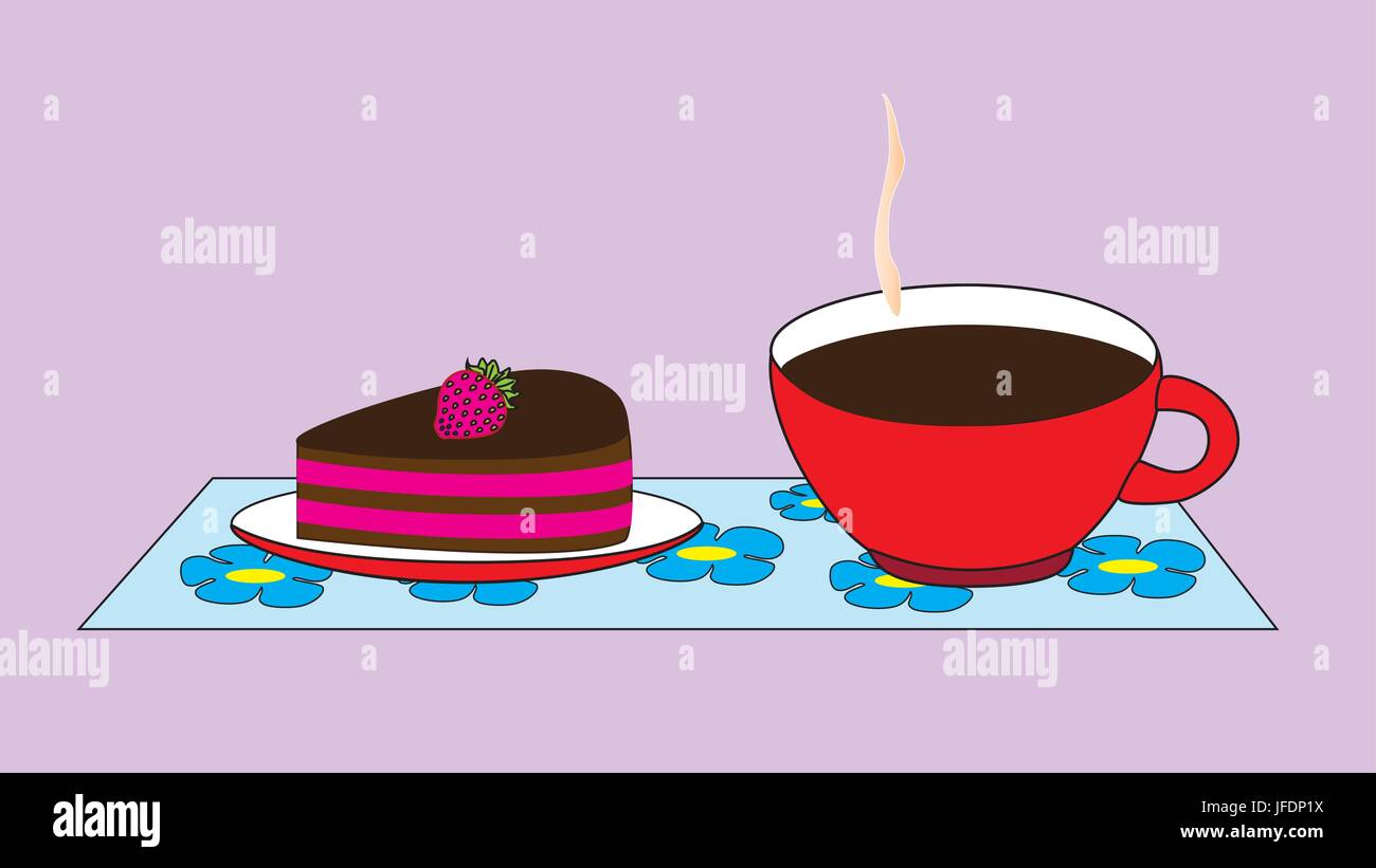 Eine Tasse mit einem heißen Kakao Getränk und eine Untertasse mit einem Kuchen. Stock Vektor