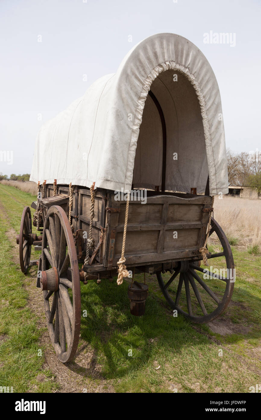 Walla Walla County, Washington: Replica Oregon Trail Wagen am Whitman-Mission National Historic Site. Ursprünglich gegründet als ein Denkmal von nationaler Stockfoto