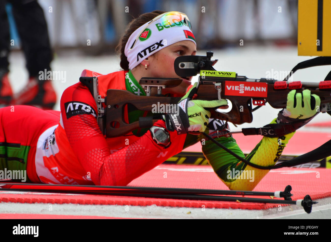 Wintersport, Biathlon, Weltmeisterschaft, Ruhpolding, Liegendschiessen, Nadezhda Skardino, BLR Stockfoto