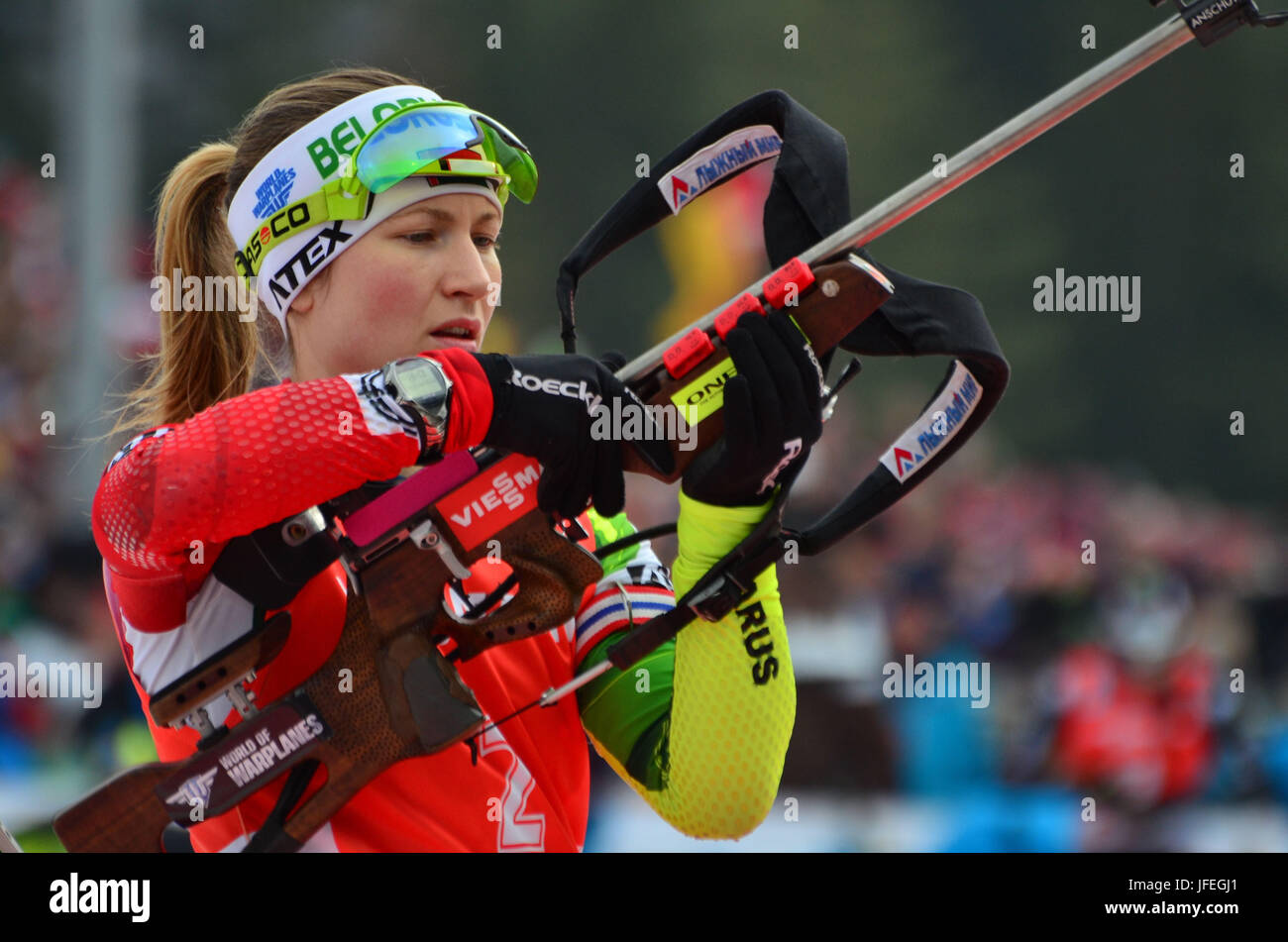 Wintersport, Biathlon, Weltmeisterschaft, Ruhpolding, schießen stehend, Darya Domracheva, BLR Stockfoto
