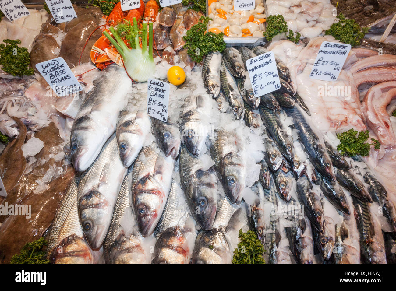 England, London, Southwark, Borough Market, Fisch Stall Anzeige von frischem Fisch Stockfoto