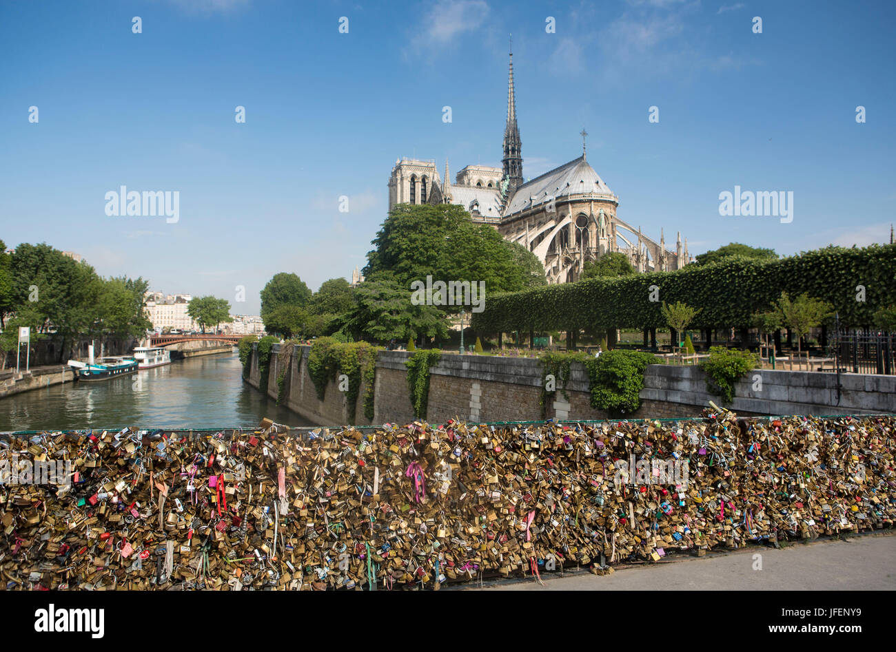 Frankreich, Paris-Stadt, Kathedrale Notre-Dame, Seineufer, Hardware Wows Brücke, Stockfoto