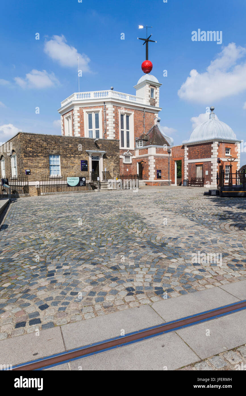 England, London, Greenwich, Royal Observatory, Flamsteed House und Greenwich Meridian-Linie Stockfoto