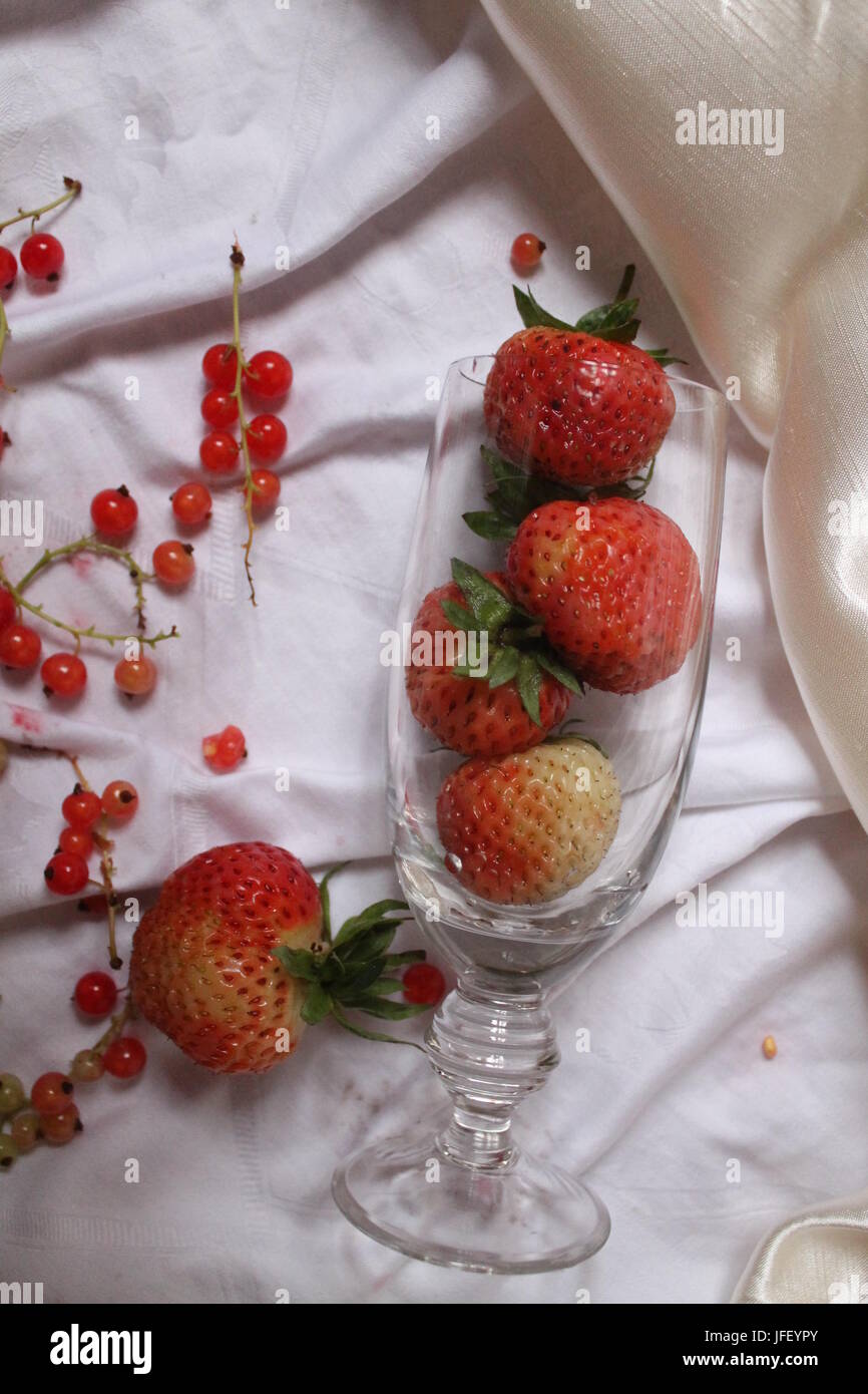 frische reife Erdbeeren und süße Johannisbeere Berry in Kristallglas vorbereiten für cocktail-party Stockfoto