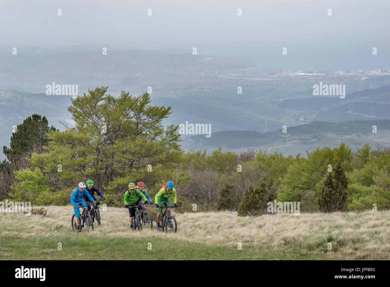 Team von Bikern mit Fahrrad in Rasen am Berg Stockfoto