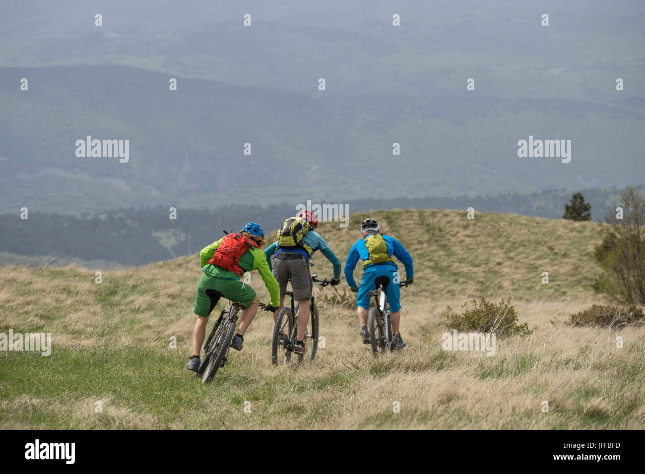 Rückansicht des drei Mountainbiker fahren Zyklus auf Rasen Stockfoto