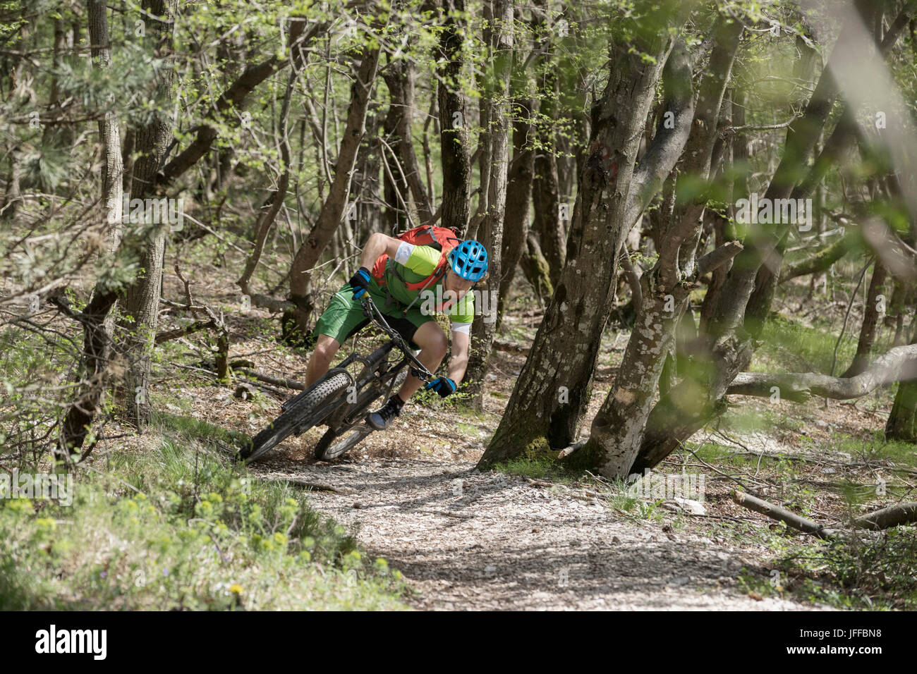 Junge Biker Mountainbike durch Baumstämme im Wald Stockfoto