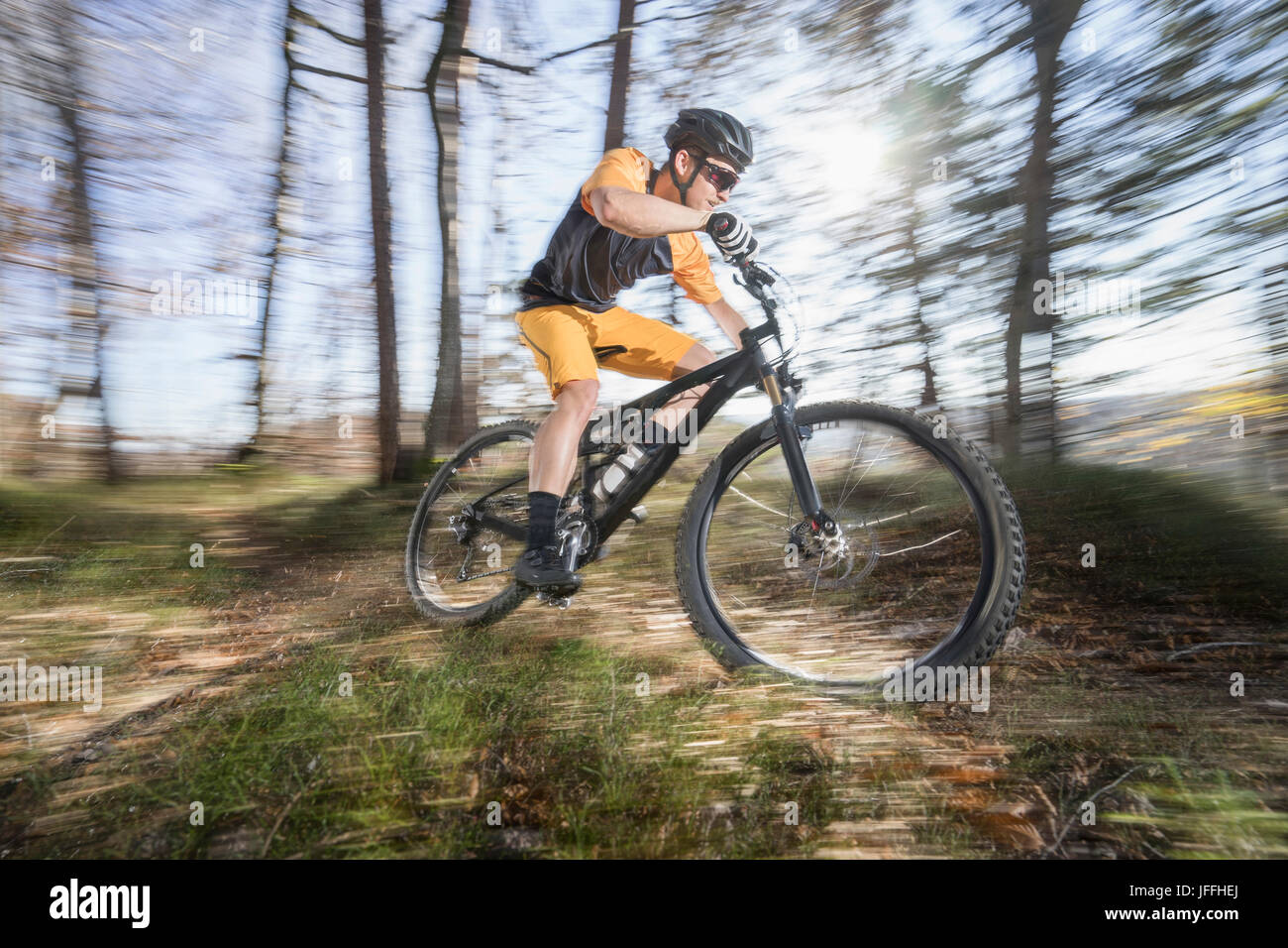 Mann-Mountainbike-Touren durch Wald Stockfoto