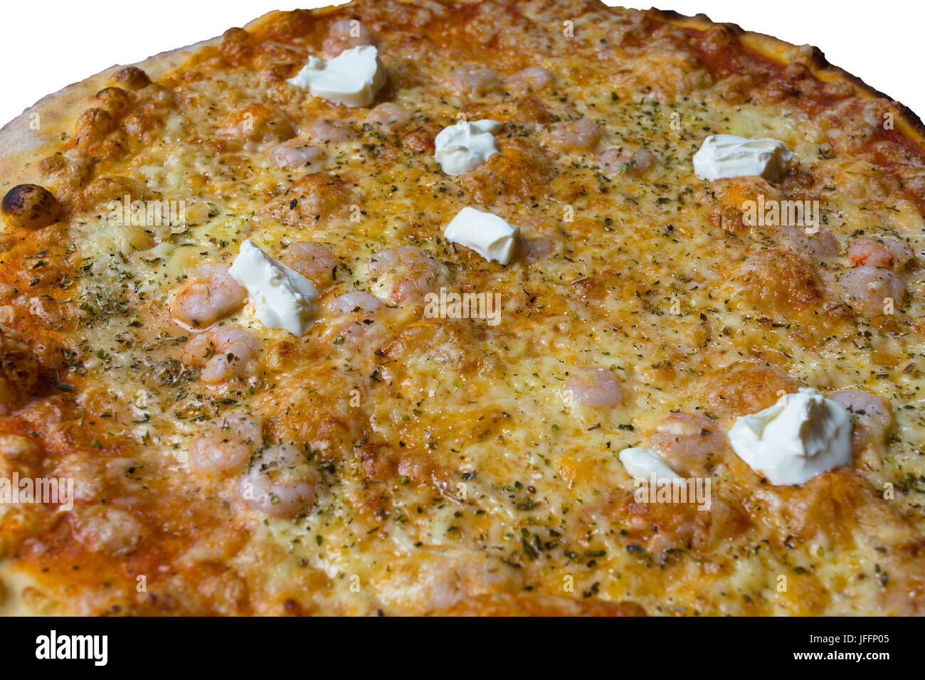 Pizza mit Garnelen Creme fraiche Stockfoto