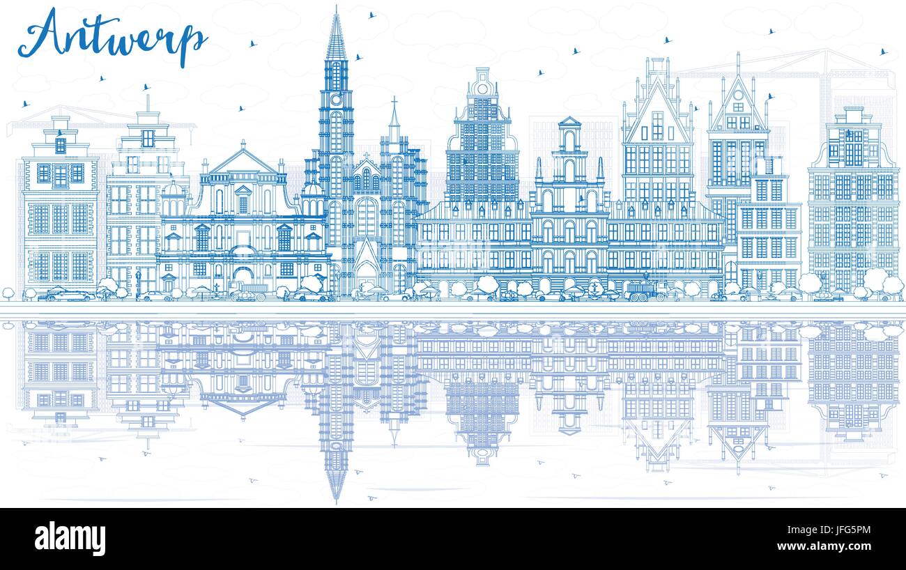 Umriss Antwerpen Skyline mit blauen Gebäuden und Reflexionen. Vektor-Illustration. Geschäftsreisen und Tourismus-Konzept mit historischer Architektur. Stock Vektor