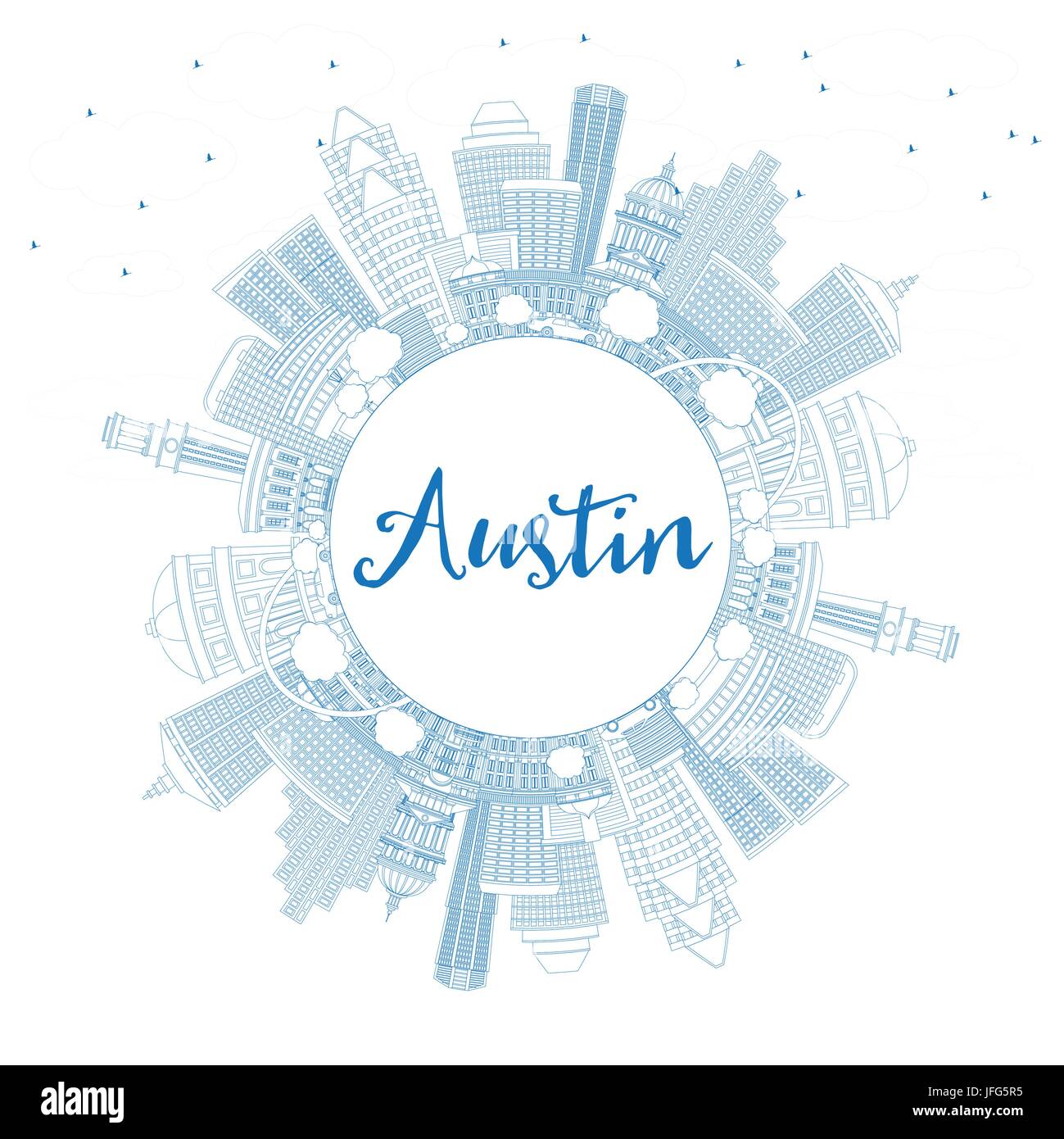 Umriss Austin mit blauen Gebäuden und textfreiraum Skyline. Vektor-Illustration. Geschäftsreisen und Tourismus-Konzept mit moderner Architektur. Stock Vektor