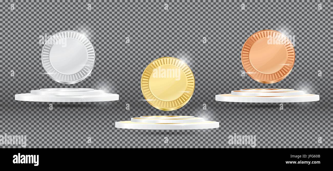 Gold-, Silber- und Bronze Medaillen auf transparentem Hintergrund. Vektor-Illustration. Stock Vektor