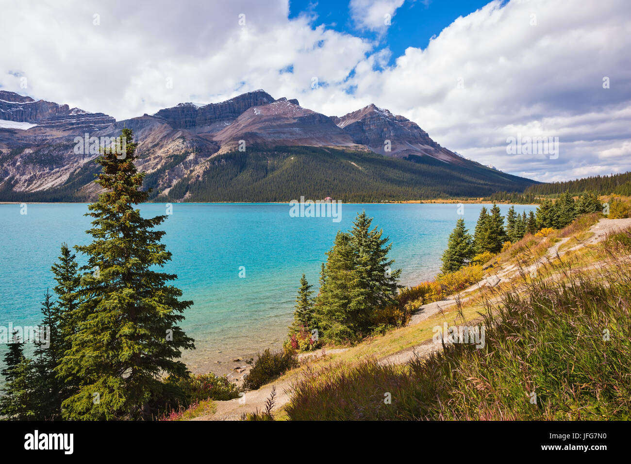 Wunderschönen Tag am Bow Lake, kanadische Rockies Stockfoto