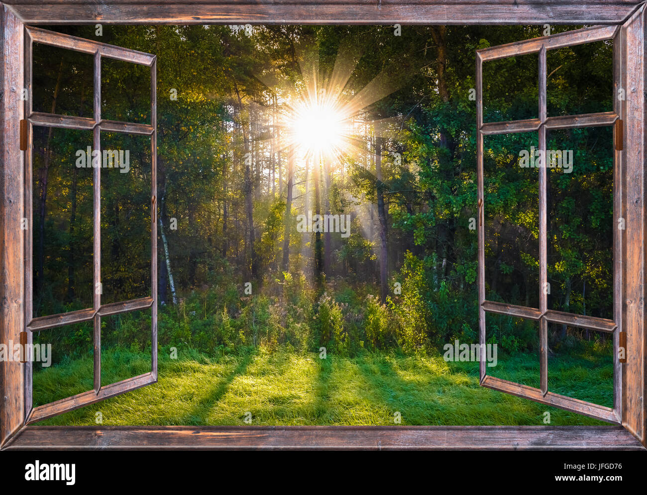 Sonnenaufgang-Blick aus dem Fenster Stockfoto