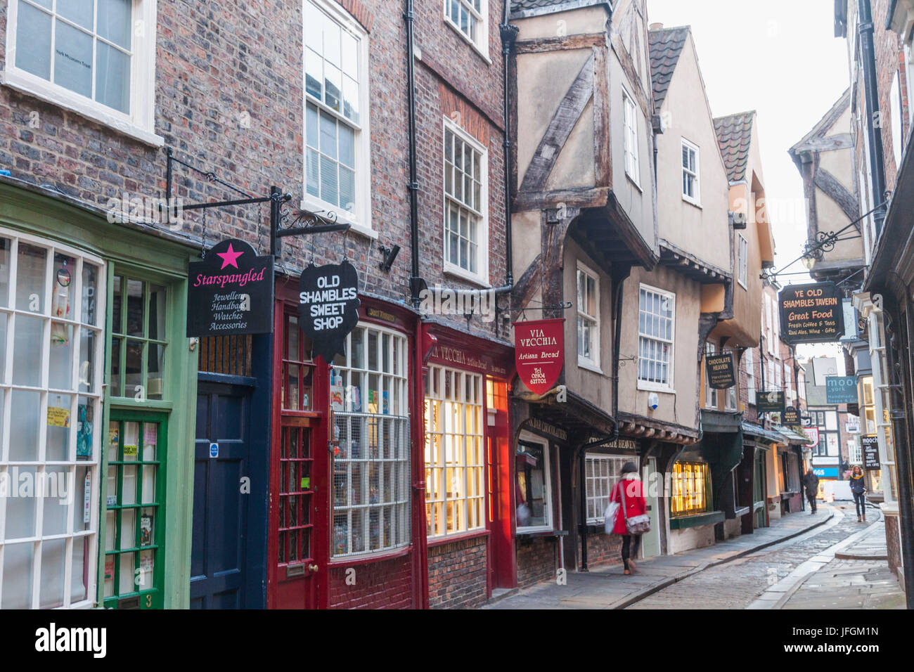 England, Yorkshire, York, The Shambles mittelalterlichen Einkaufsstraße Stockfoto