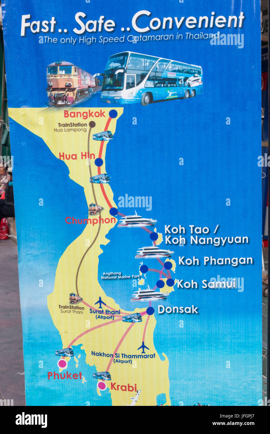 Thailand, Bangkok, Karte von Süd-Thailand Werbung Transport zu den wichtigsten Touristenzielen Stockfoto