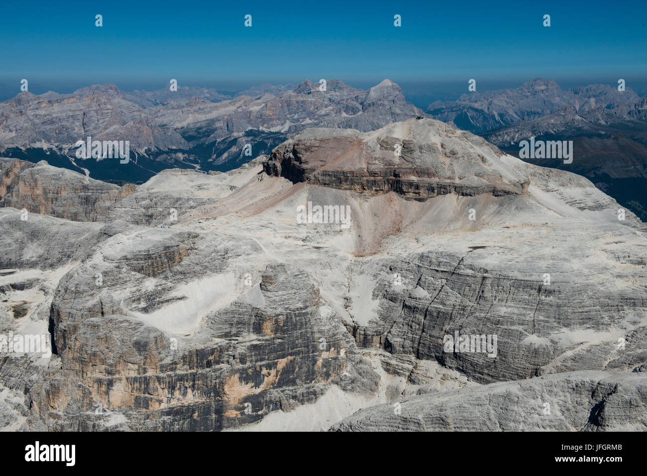 Sellagruppe mit Piz Boe, Dolomiten, Luftbild, Hochgebirge, Trentino, Italien Stockfoto