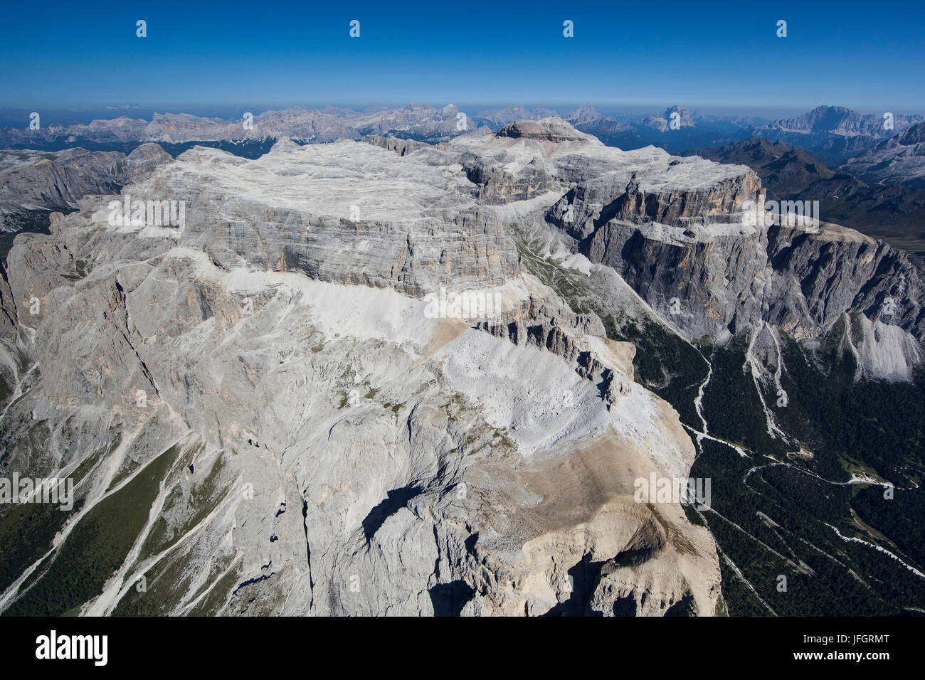 Sellagruppe mit Piz Selva, Piz Boe, Sas de Pordoi, Dolomiten, Luftbild, Hochgebirge, Trentino, Italien Stockfoto