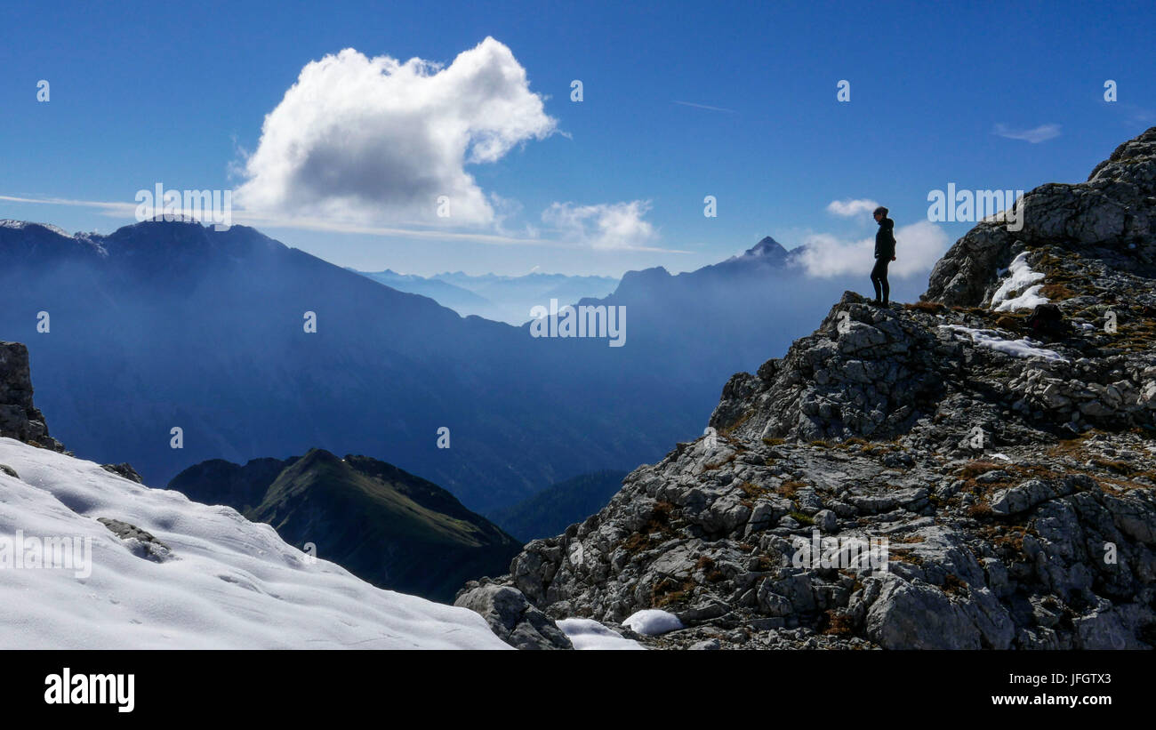 Ansicht der östlichen Wang-Scharte am Mieminger Gebirge mit Hohe Munde und Hohe Wand, Wettersteingebirge Stockfoto