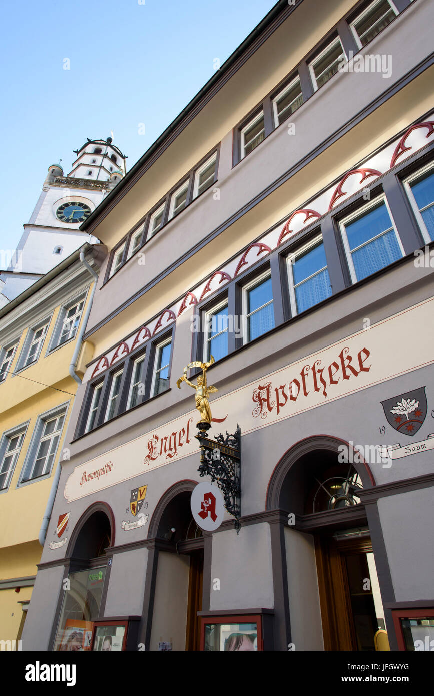 Alte Stadt Ravensburg, Blaserturm und Waaghaus, Goldener Engel, Engel Apotheke, Baden-Württemberg, Deutschland Stockfoto