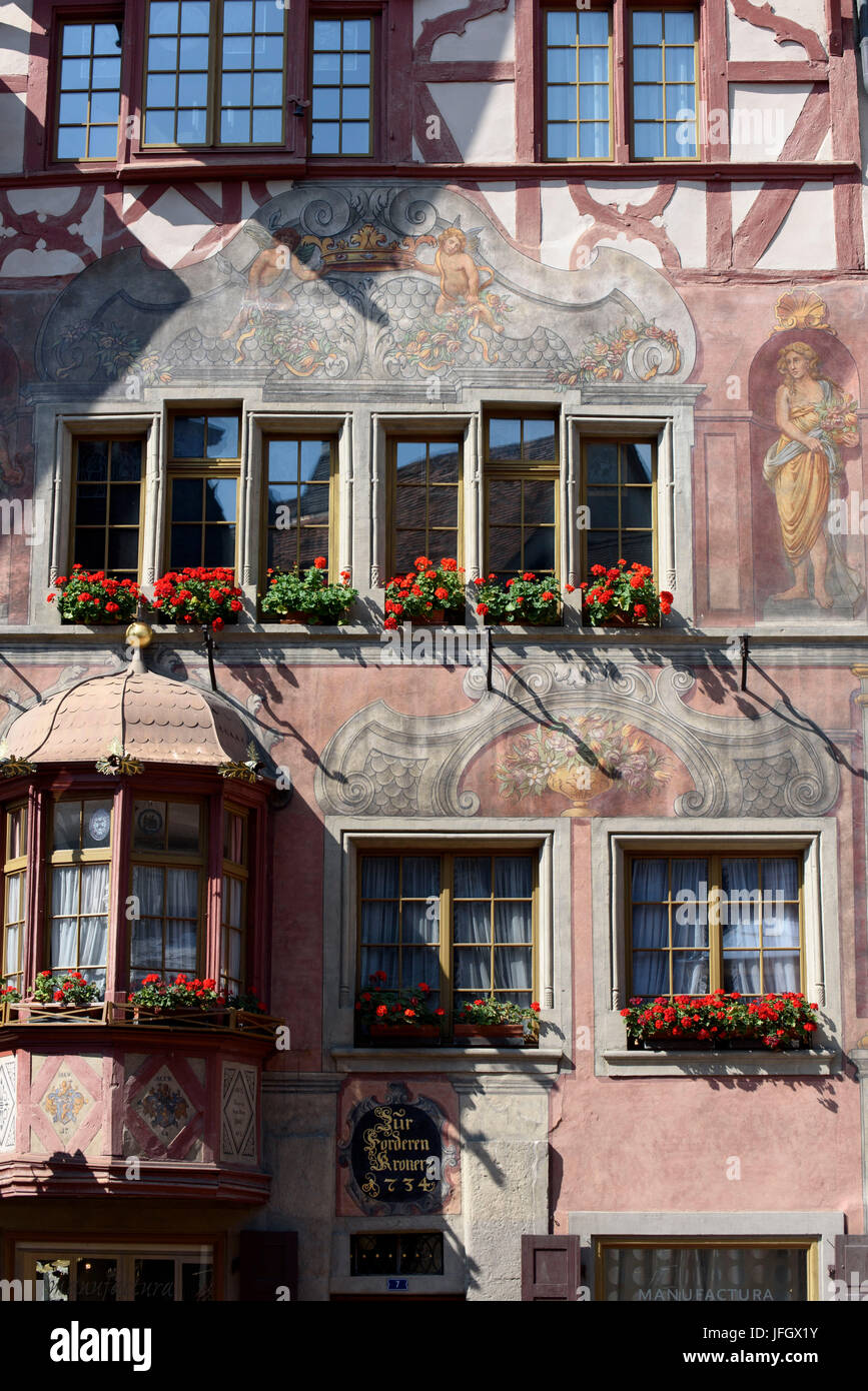 Historische Häuser in den Rathausplatz, Stein am Rhein, Bodensee, Thurgau, Schweiz Stockfoto
