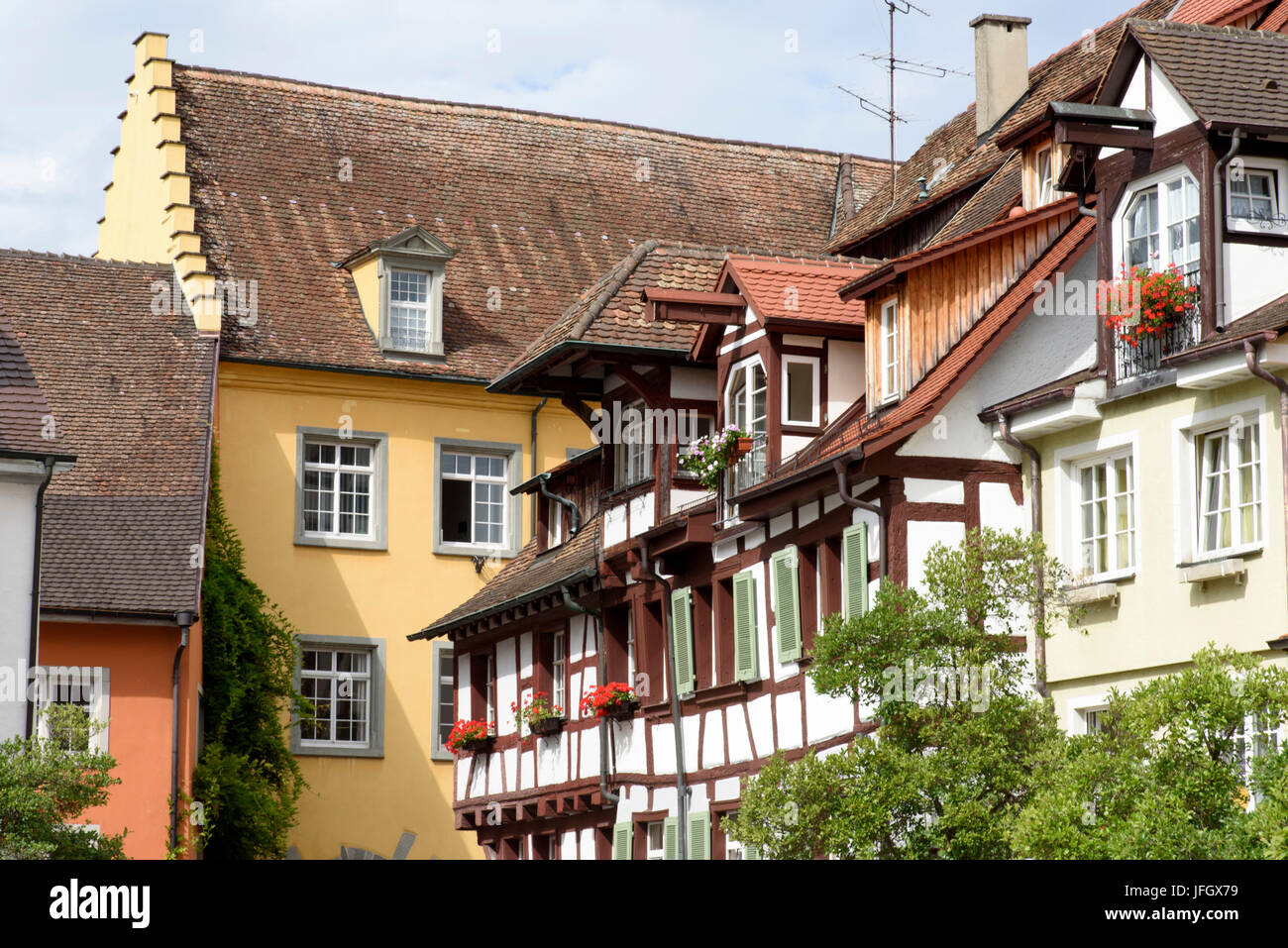 Fachwerk und City Hall, Oberstadt von Meersburg, Bodensee, Baden-Württemberg, Deutschland Stockfoto