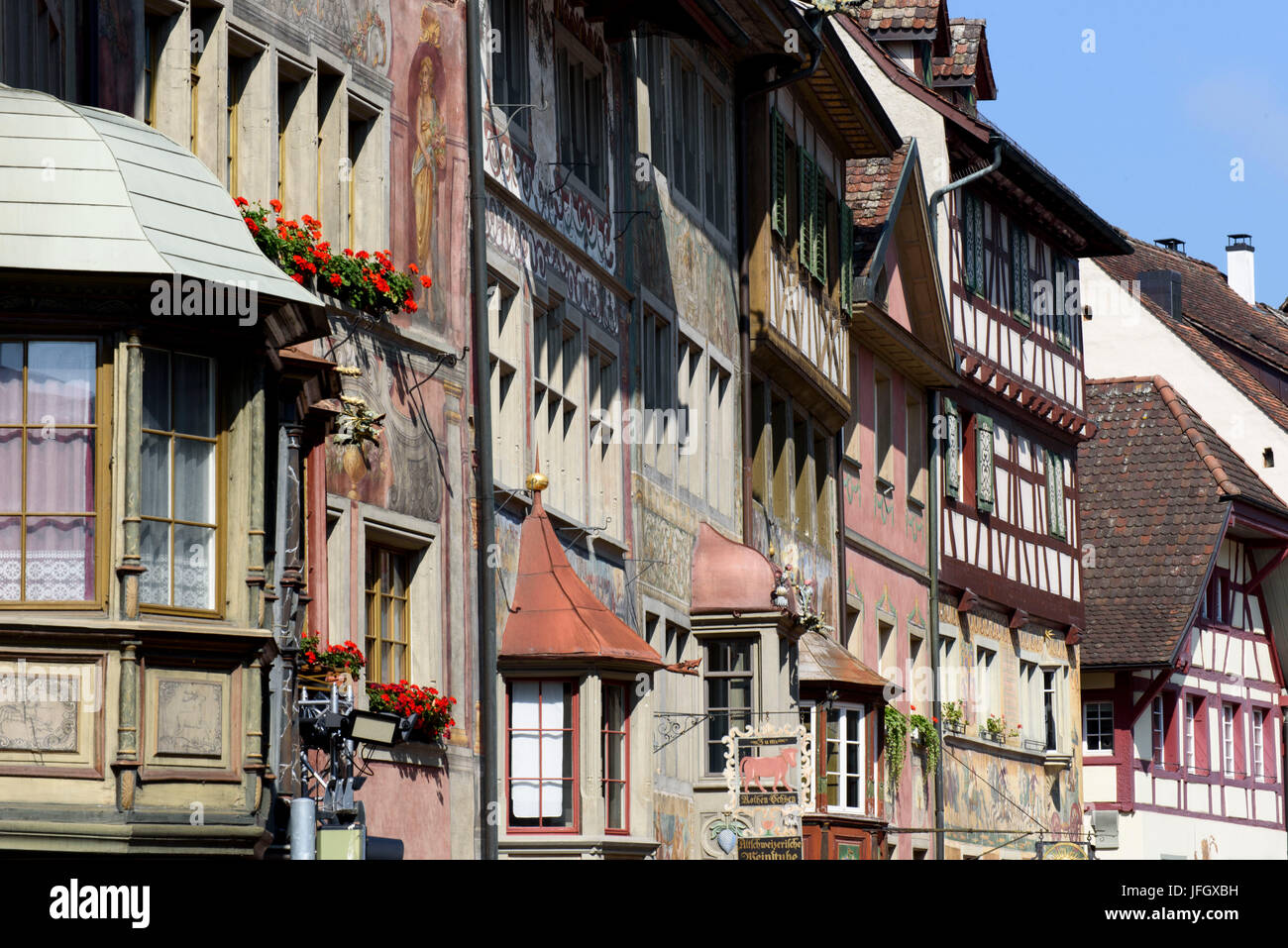 Historische Häuser in den Rathausplatz, Stein am Rhein, Bodensee, Thurgau, Schweiz Stockfoto