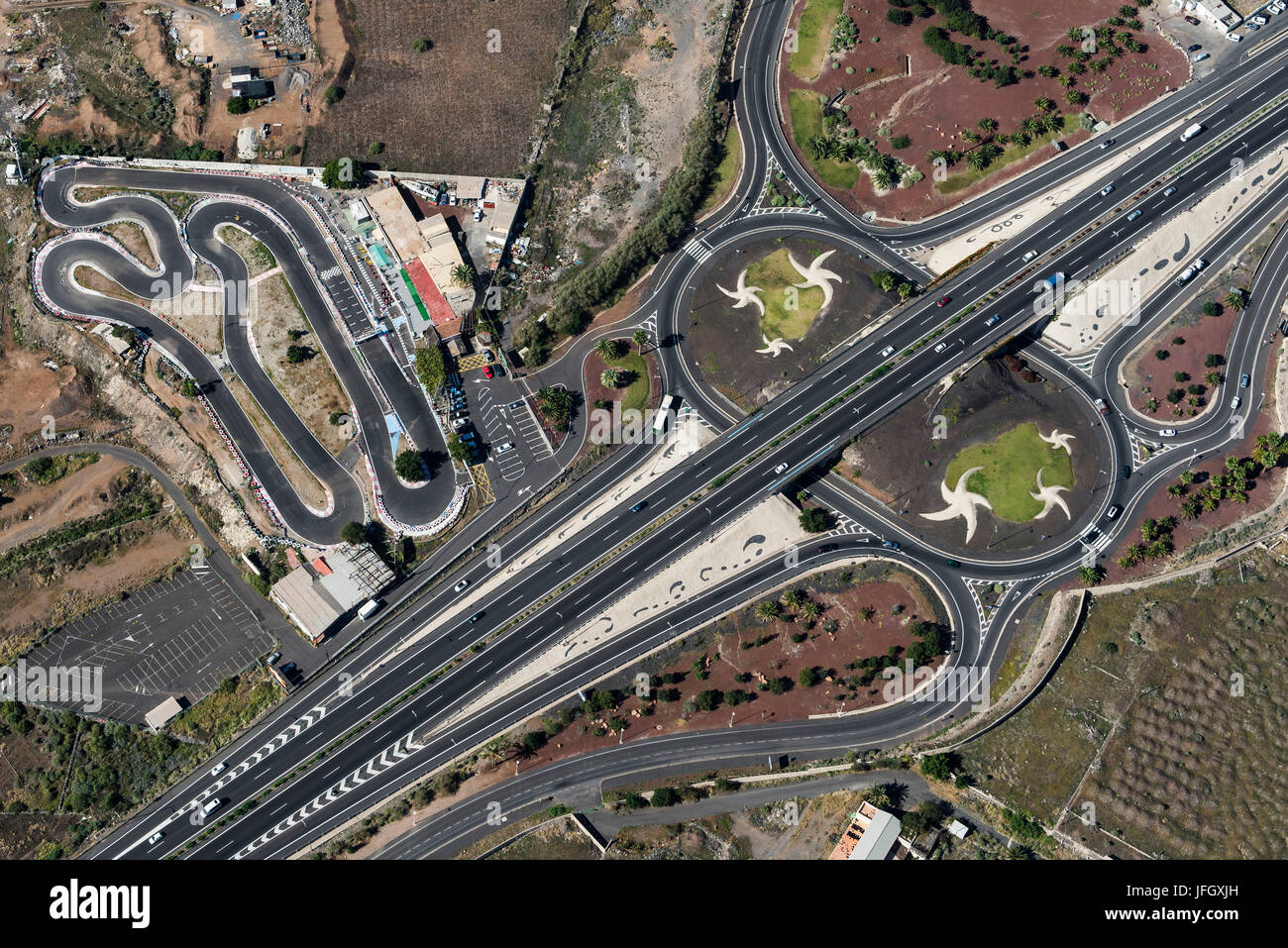 Costa Adeje, Autbahnkreuz, Go-Kart Bahn, Luftbild, Kanarische Inseln, Teneriffa, Spanien Stockfoto