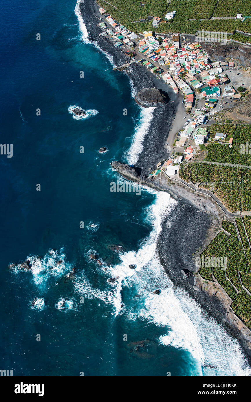 Playa Bombilla, Fischerdorf auf La Palma, Luftbild, Kanarische Inseln, Spanien Stockfoto